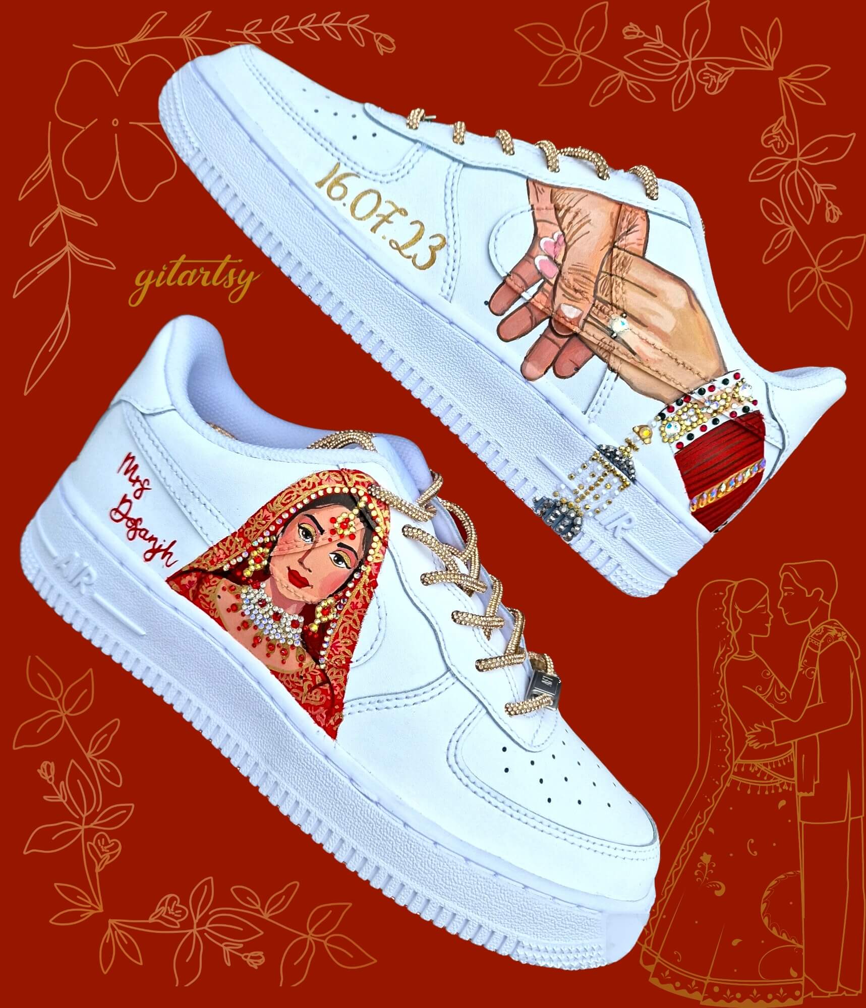 Indian bridal sneakers hand-painted with bride in red lehenga and intricate jewellery.