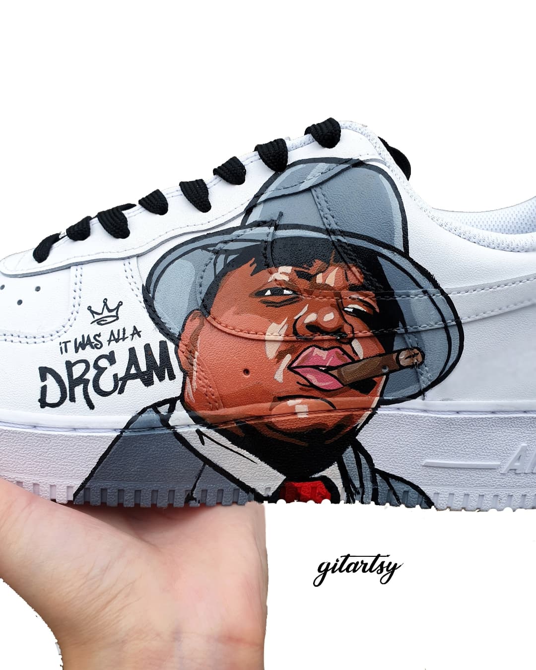 Biggy Smalls realistic portrait on nike af1 sneakers - hand painted by gitartsy