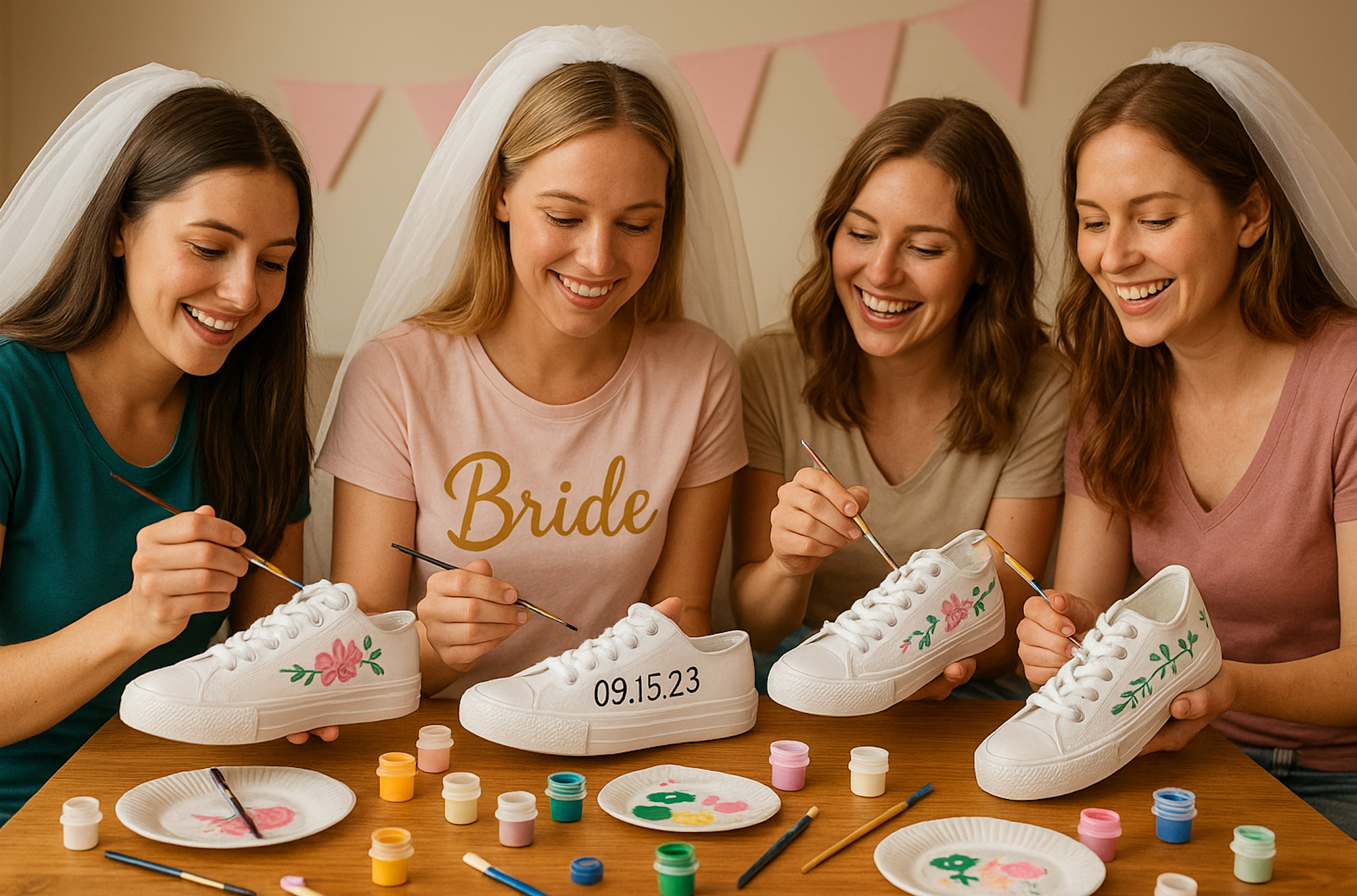 Four women at a bridal hen party painting white sneakers with flowers and a wedding date