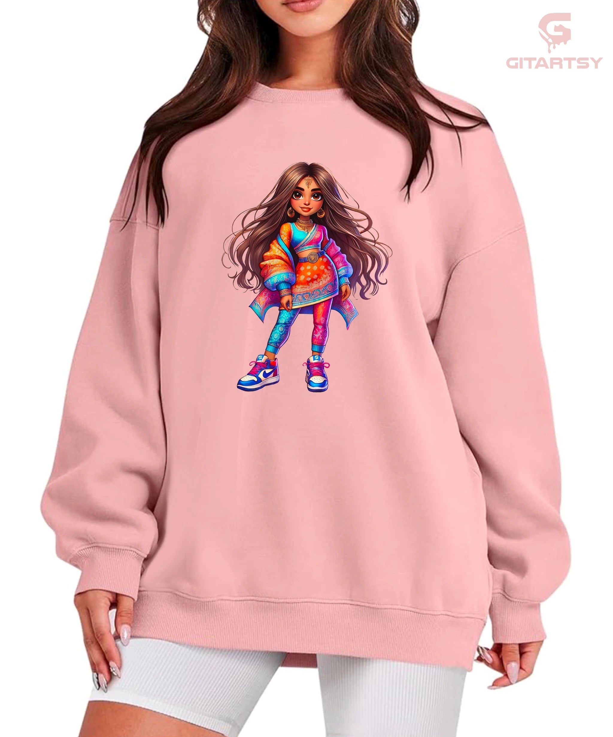 Desi Indian Girl Sneakerhead Printed Sweatshirt – Indian cartoon Fashion in colourful indo-western clothes
