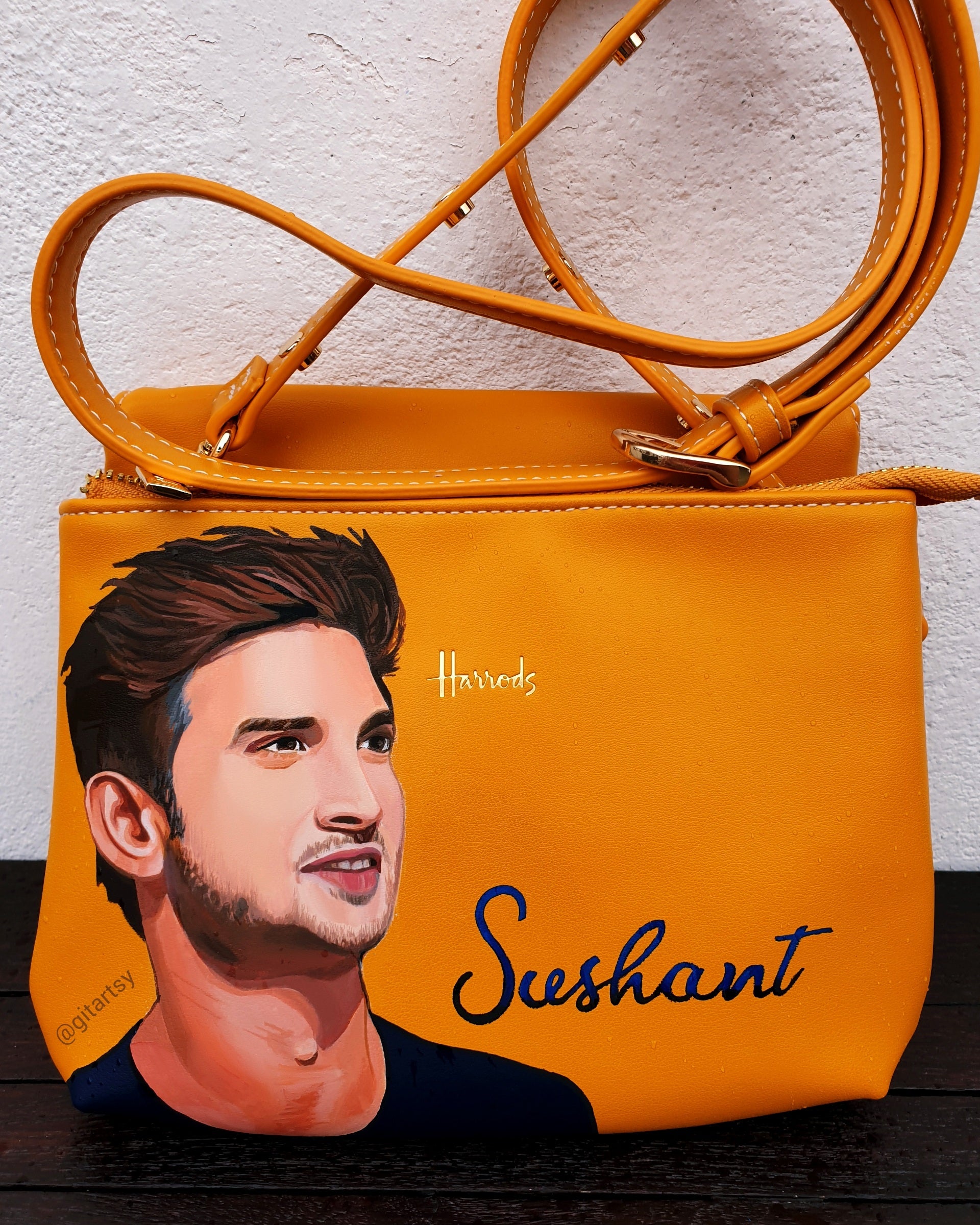 Artistic Bollywood memorial of Sushant Singh Rajput on Harrods bag