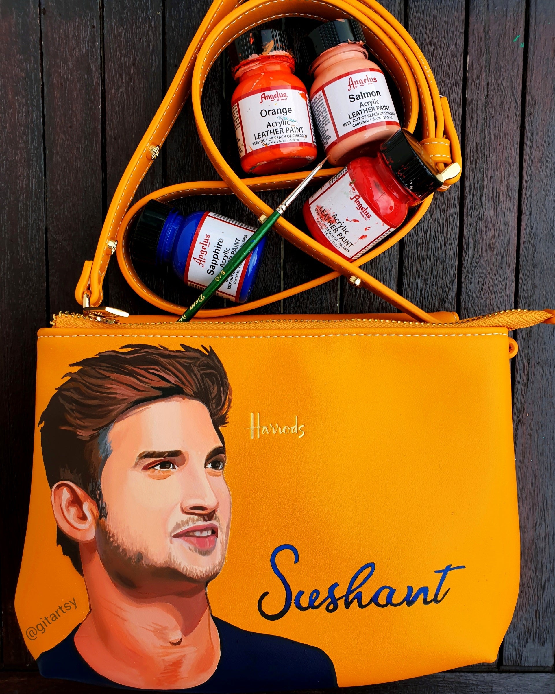 Custom hand-painted Harrods bag tribute to Sushant Singh Rajput