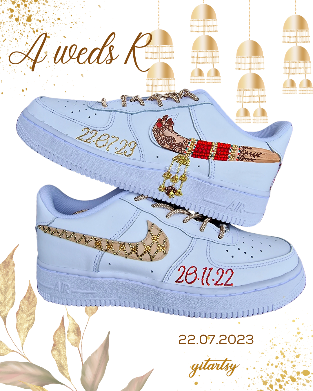 Custom bridal shoes with traditional choora and kalireh symbols