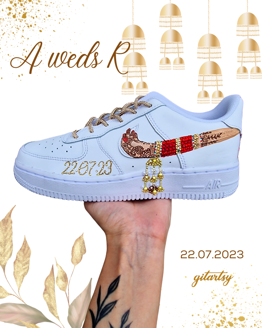 Indian bride inspired Nike sneakers with choora and kalireh art