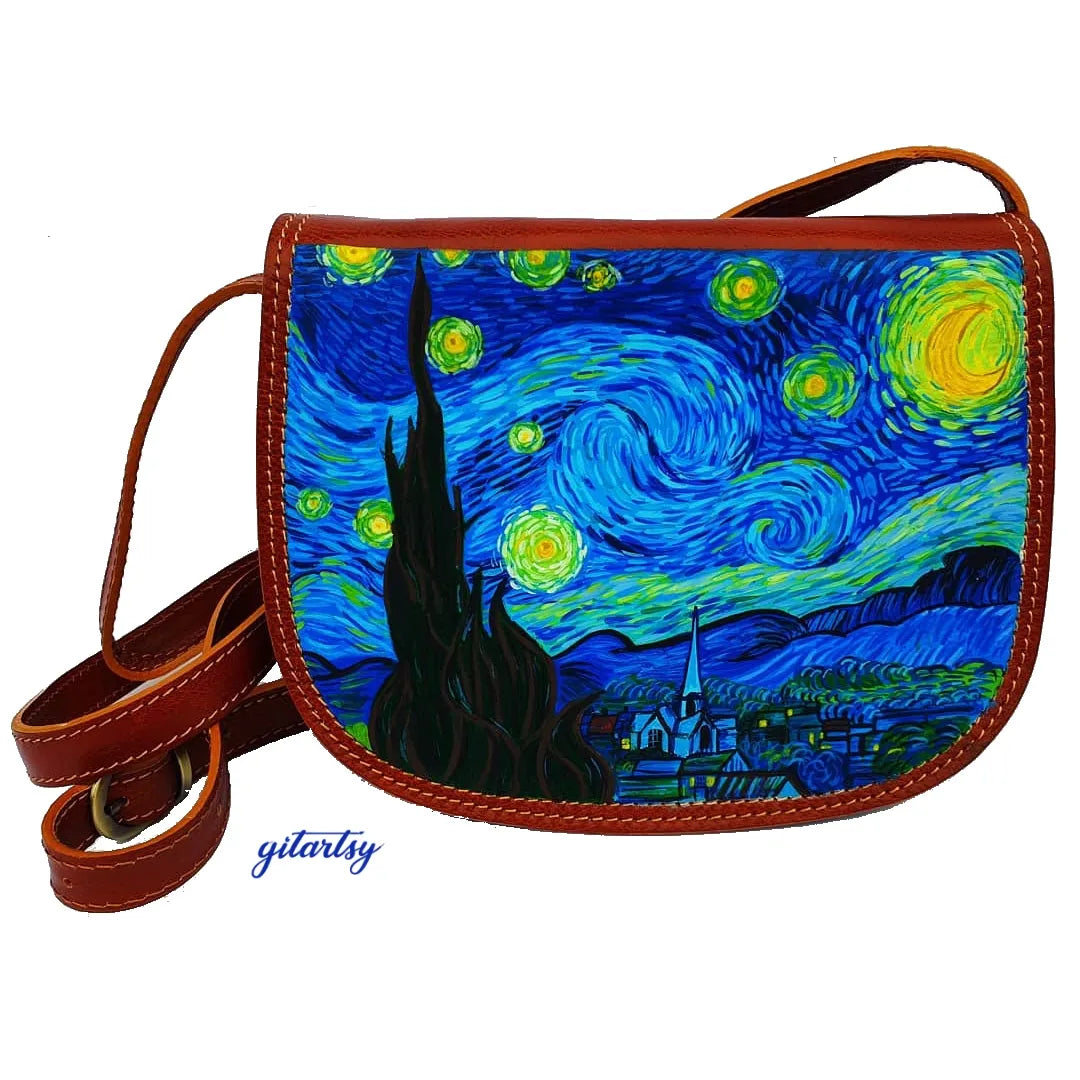 A leather bag painted by hand with a Van Gogh Starry Night design