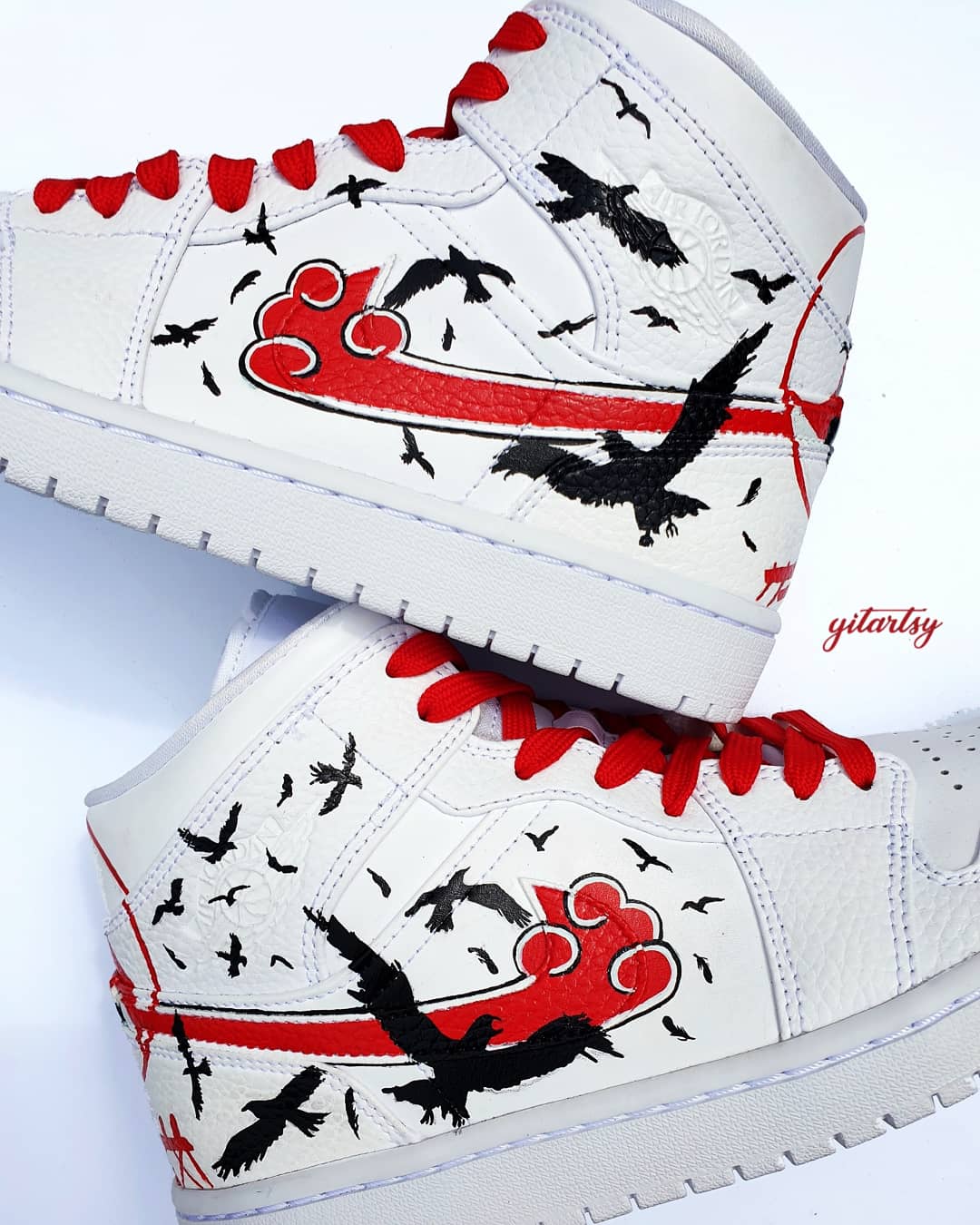 Anime-themed hand-painted sneakers for kids with Akatsuki design