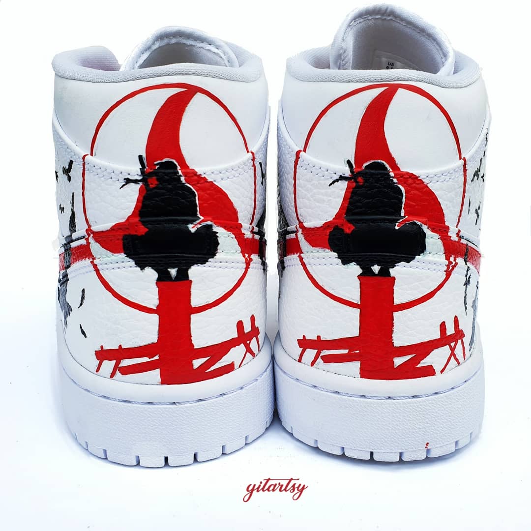 Custom kids Nike Jordan 1s with Akatsuki anime hand-painted design