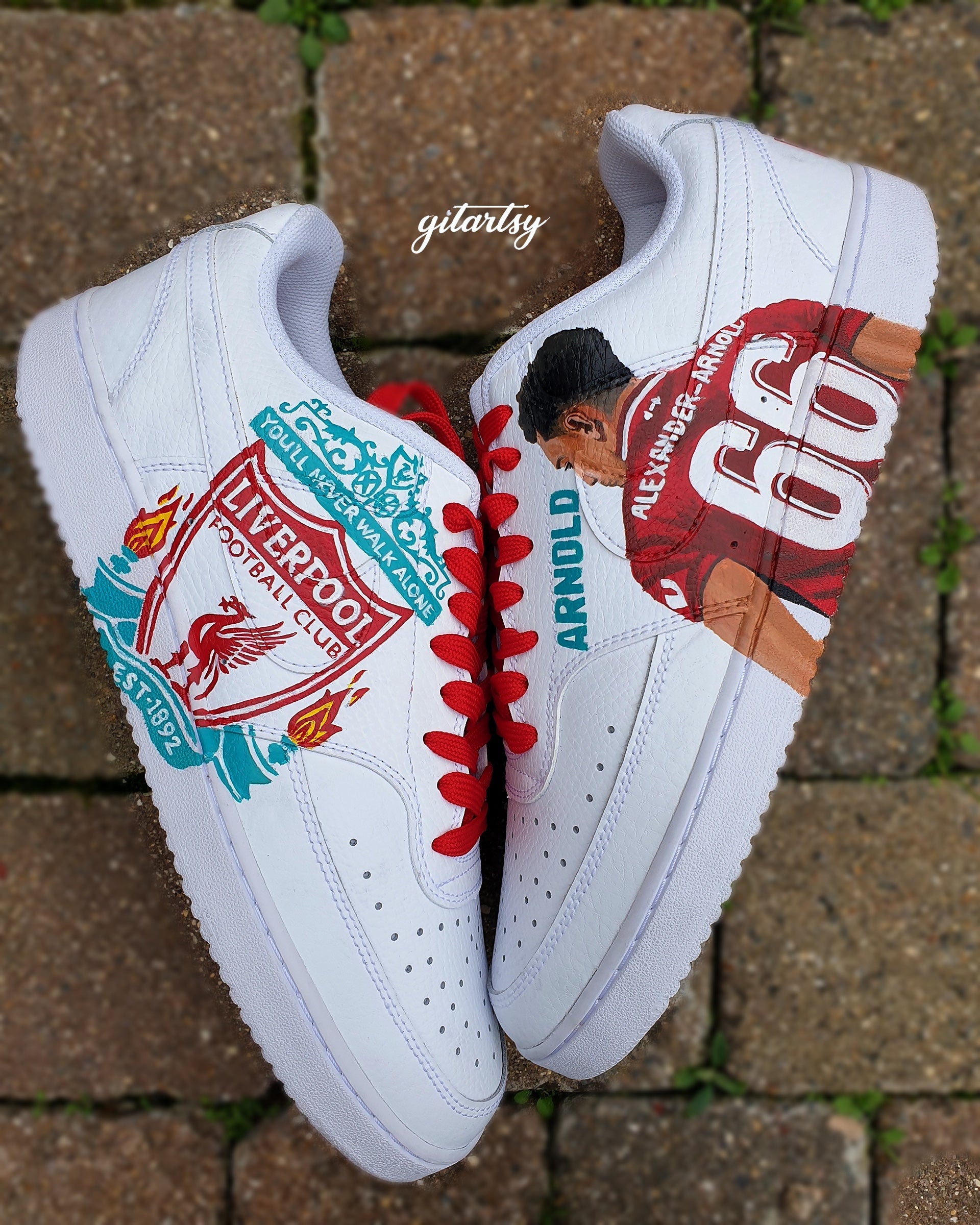 Personalised Nike AF1s featuring Alexander-Arnold Liverpool design