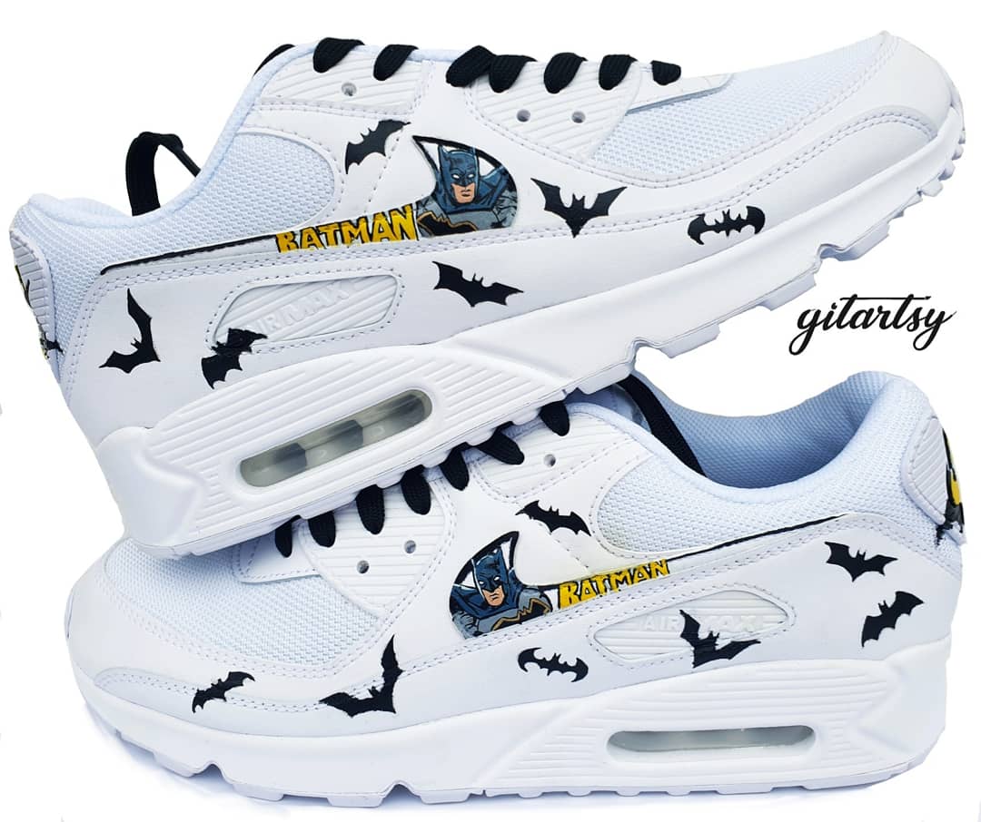 Nike Air Max 90s for kids with minimalist Batman hand-painted art