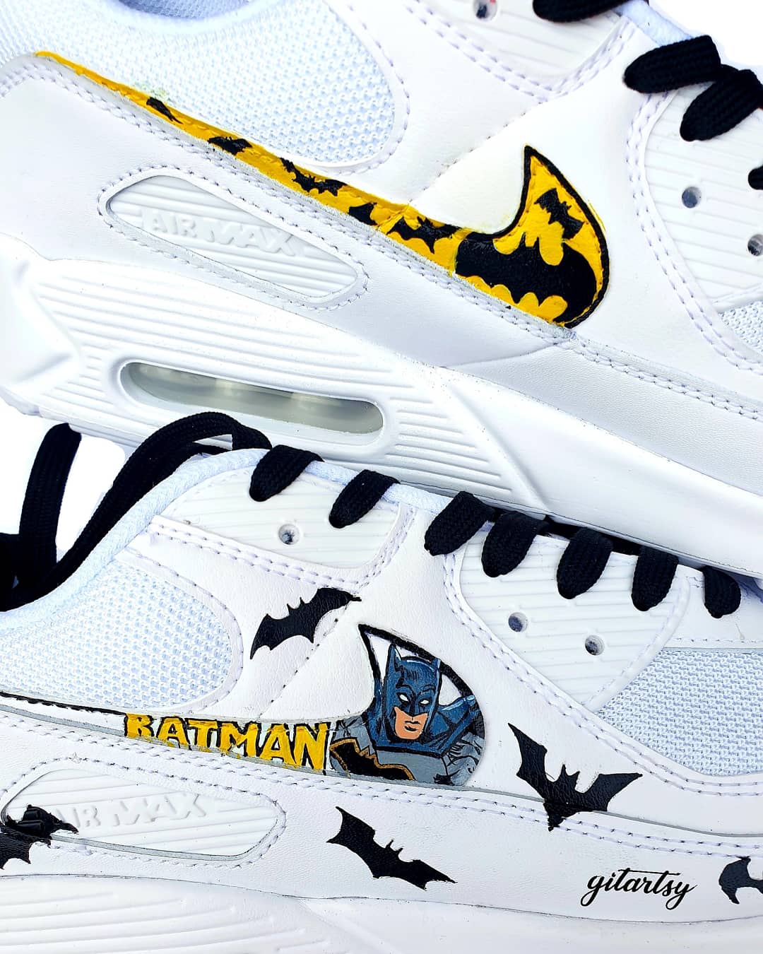 Custom kids Nike Air Max 90s with minimal Batman superhero artwork