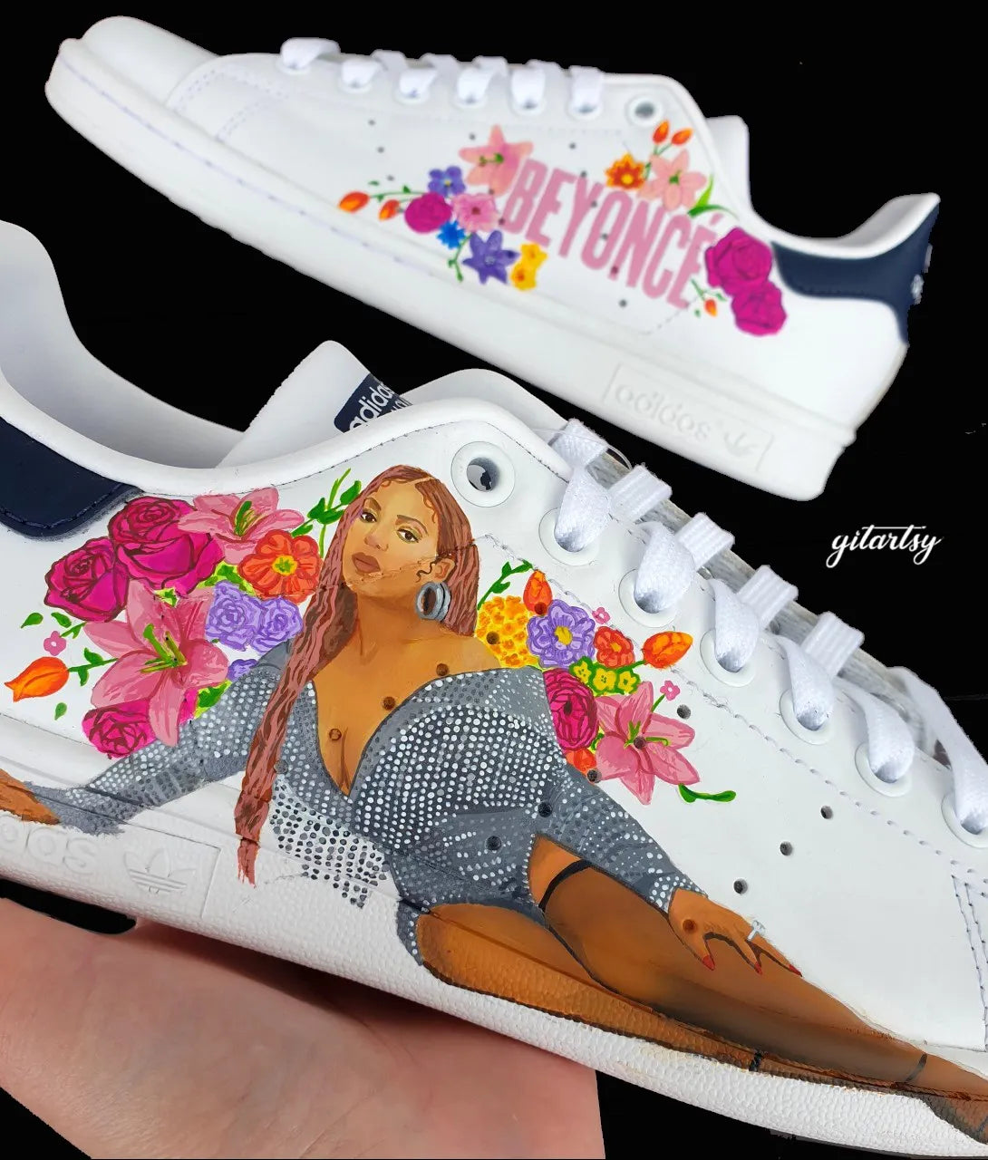 Beyonce Queen B Custom Hand Painted Adidas Sneakers - painted with floral details, a realistic portrait of beyonce laying down on the shoes with a sparkly silver dress