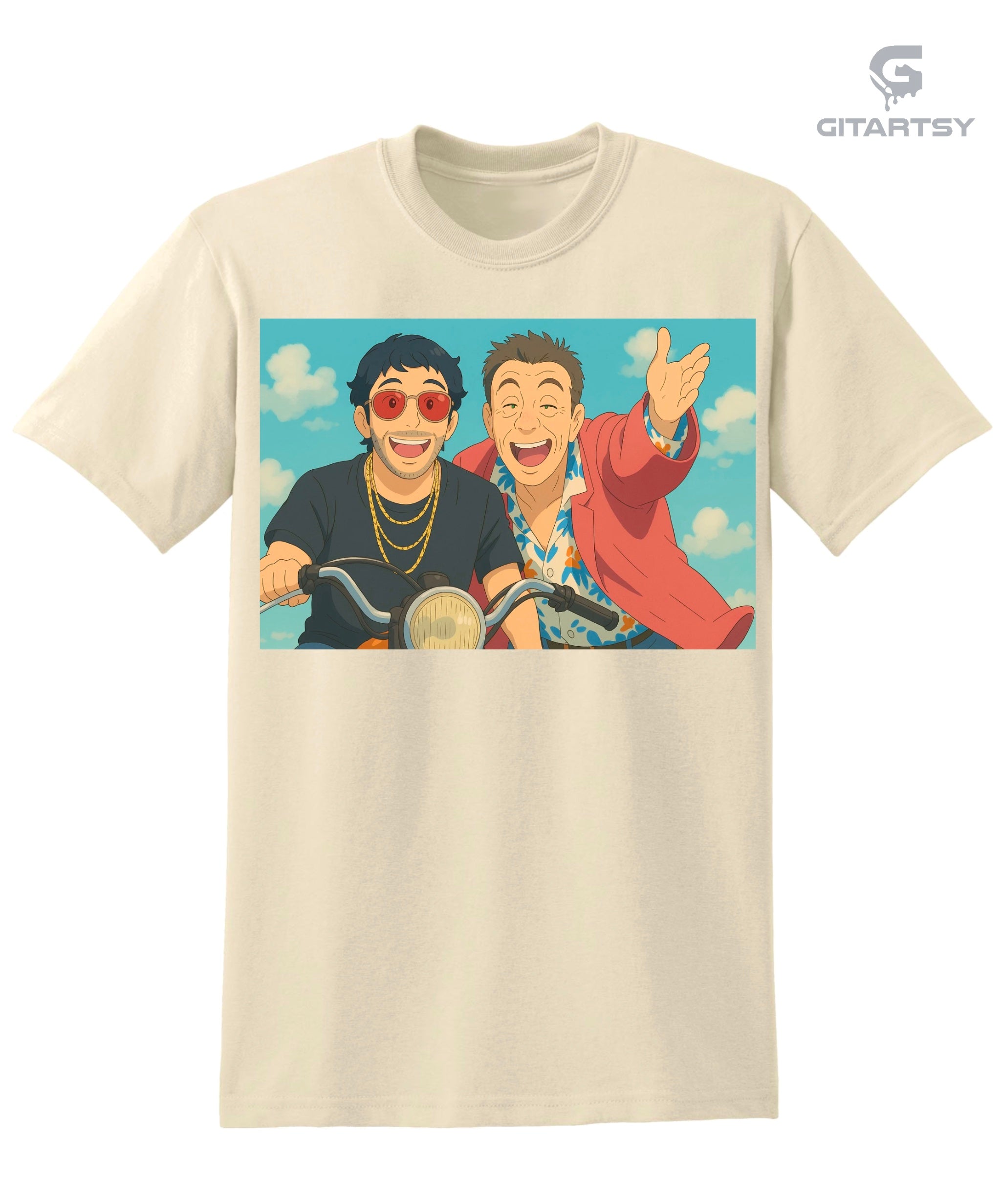 Bollywood Ghibli Art Munna Bhai MBBS T-Shirt – Munna & Circuit Scooter Ride Scene - beige tee