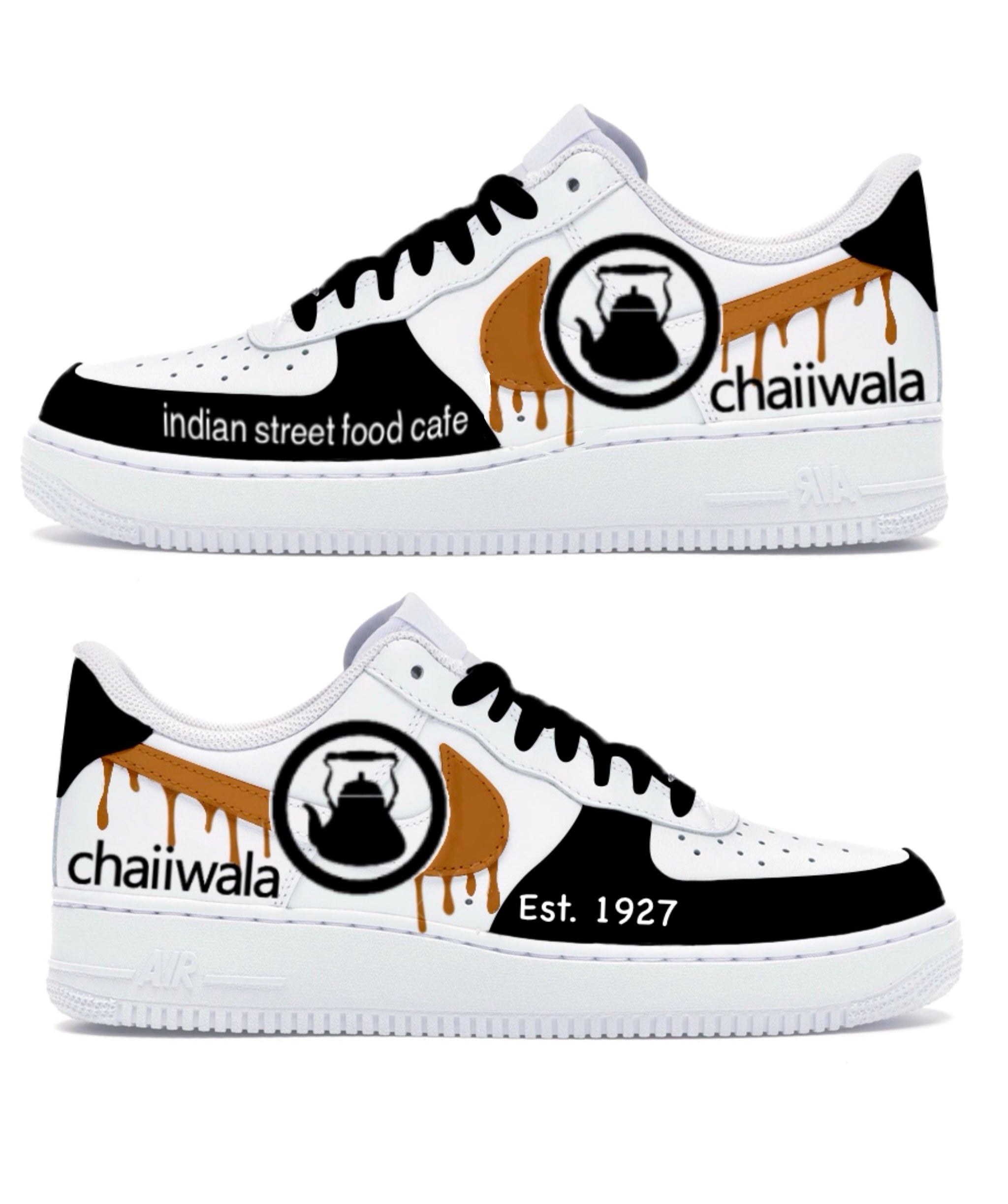 Chaiiwala Inspired custom Nike AF1 sneakers - paint drips- hand painted custom sneakers for businesses and brands - unique branding shoes
