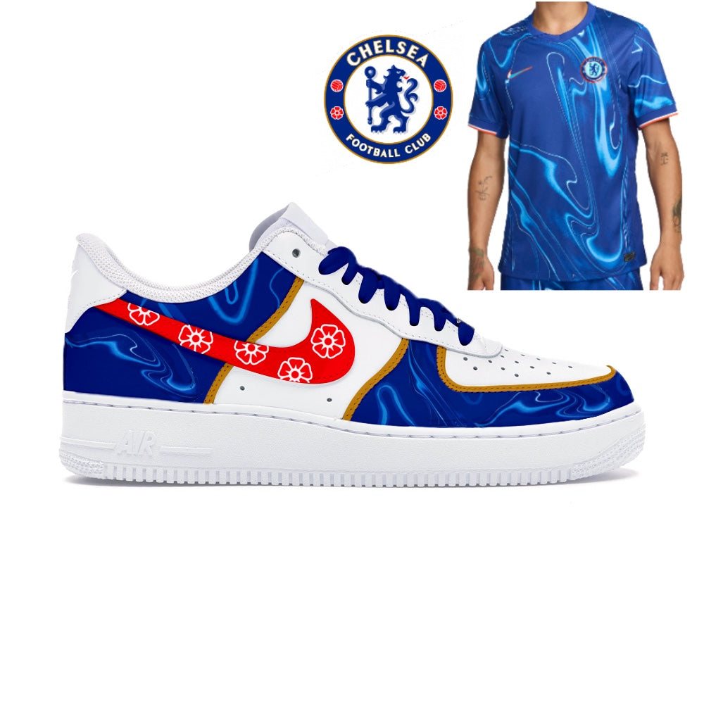 Chelsea FC Inspired Custom Hand-Painted Nike Air Force 1 Sneakers with blue wavy airbrushed design and red swoosh with cdc flowers. Chelsea fc kit matching sneakers