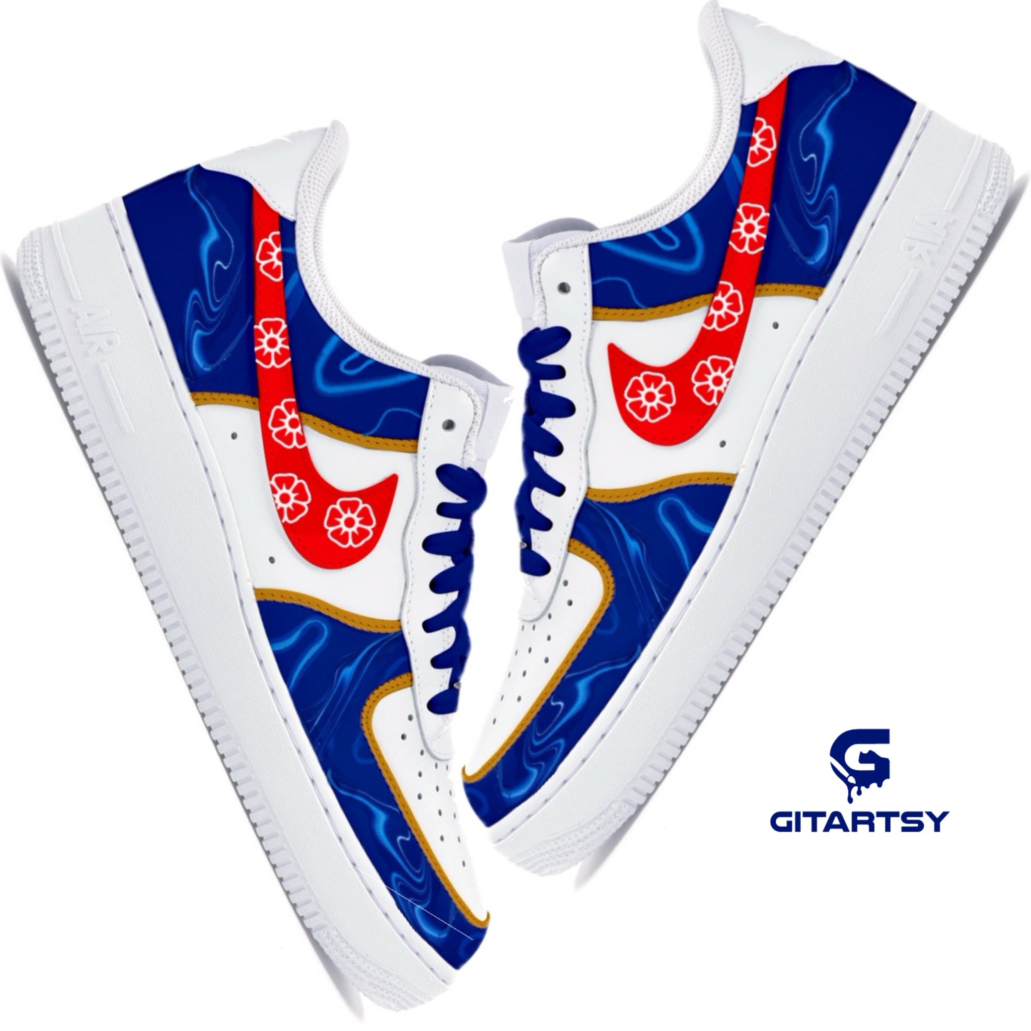 Chelsea FC Inspired Custom Hand-Painted Nike Air Force 1 Sneakers with blue wavy airbrushed design and red swoosh with cdc flowers. Chelsea fc kit matching sneakers
