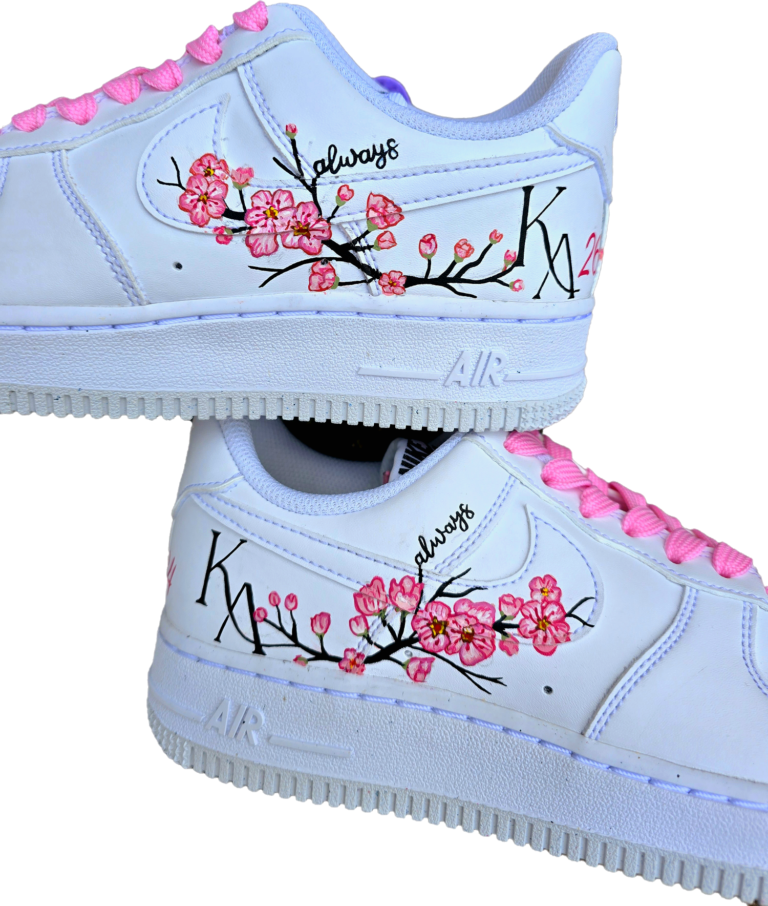 Pink Floral Wedding Sneakers with Couple Initials – Custom Hand-Painted Nike AF1