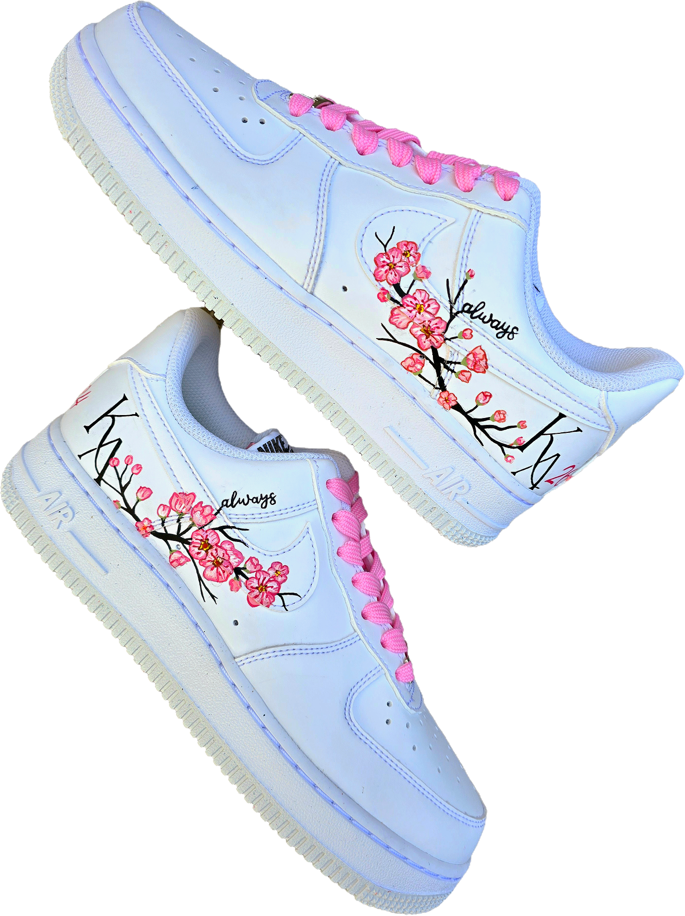 Custom wedding Nike AF1s with elegant pink floral art