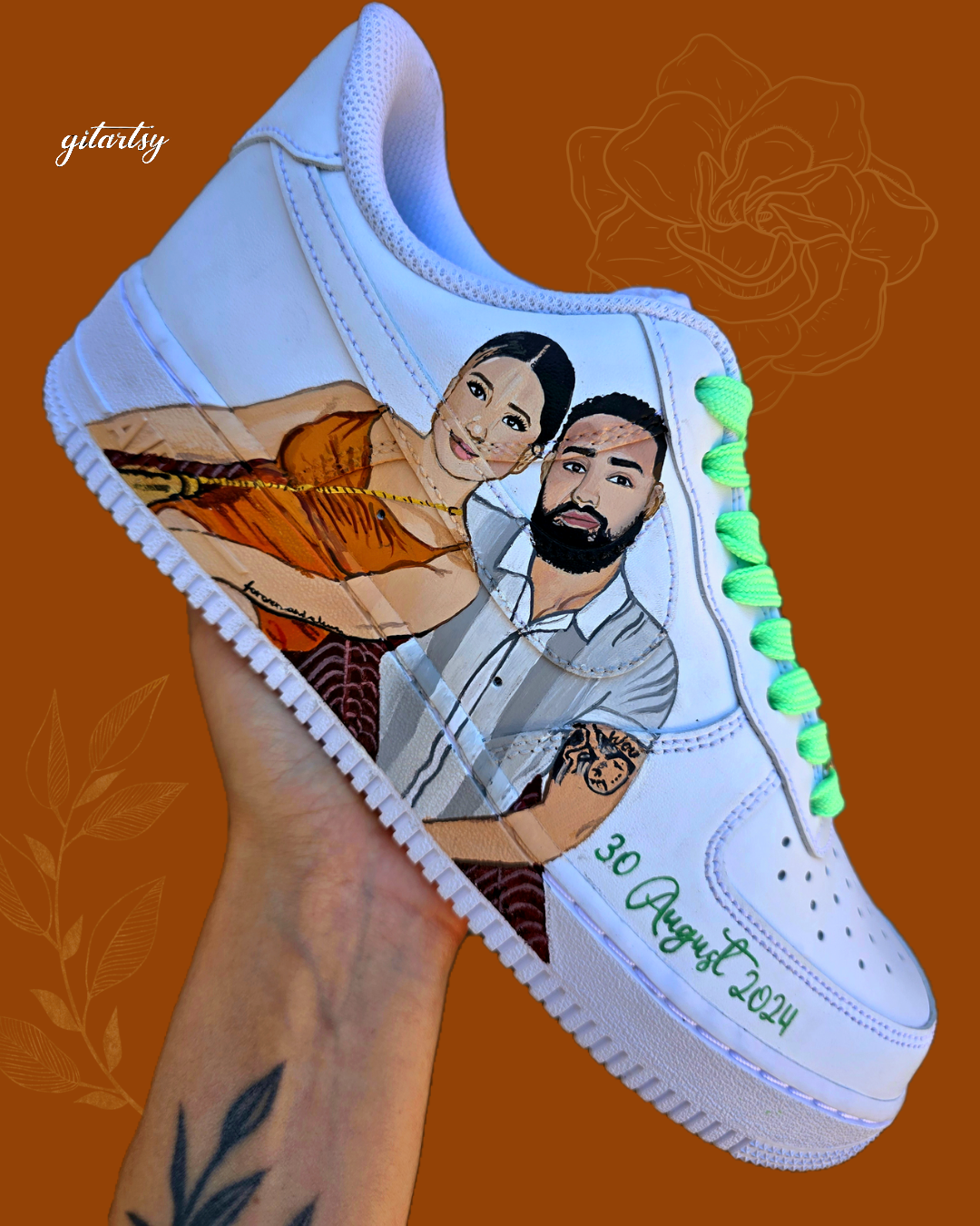 Couple wedding custom Nike AF1 sneakers - hand painted for brides. Customise your own wedding sneakers with the bride and groom to-be portraits painted realistically on a pair of Nike AF1s