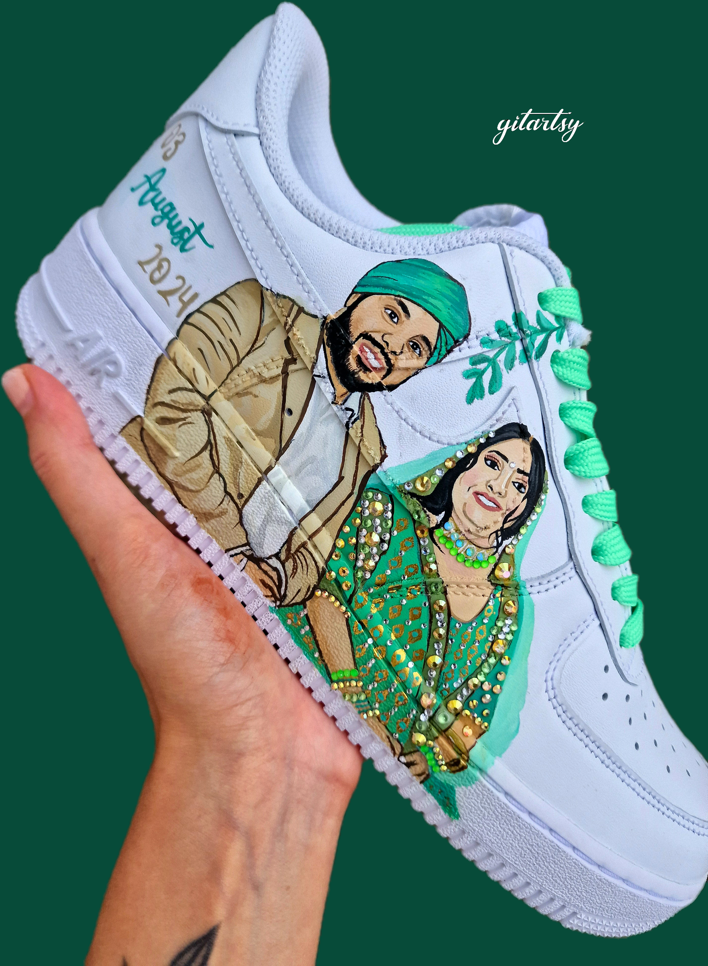 Couple wedding custom Nike AF1 sneakers - hand painted for brides. Customise your own wedding sneakers with the bride and groom to-be portraits painted realistically on a pair of Nike AF1s - punjabi sikh couple