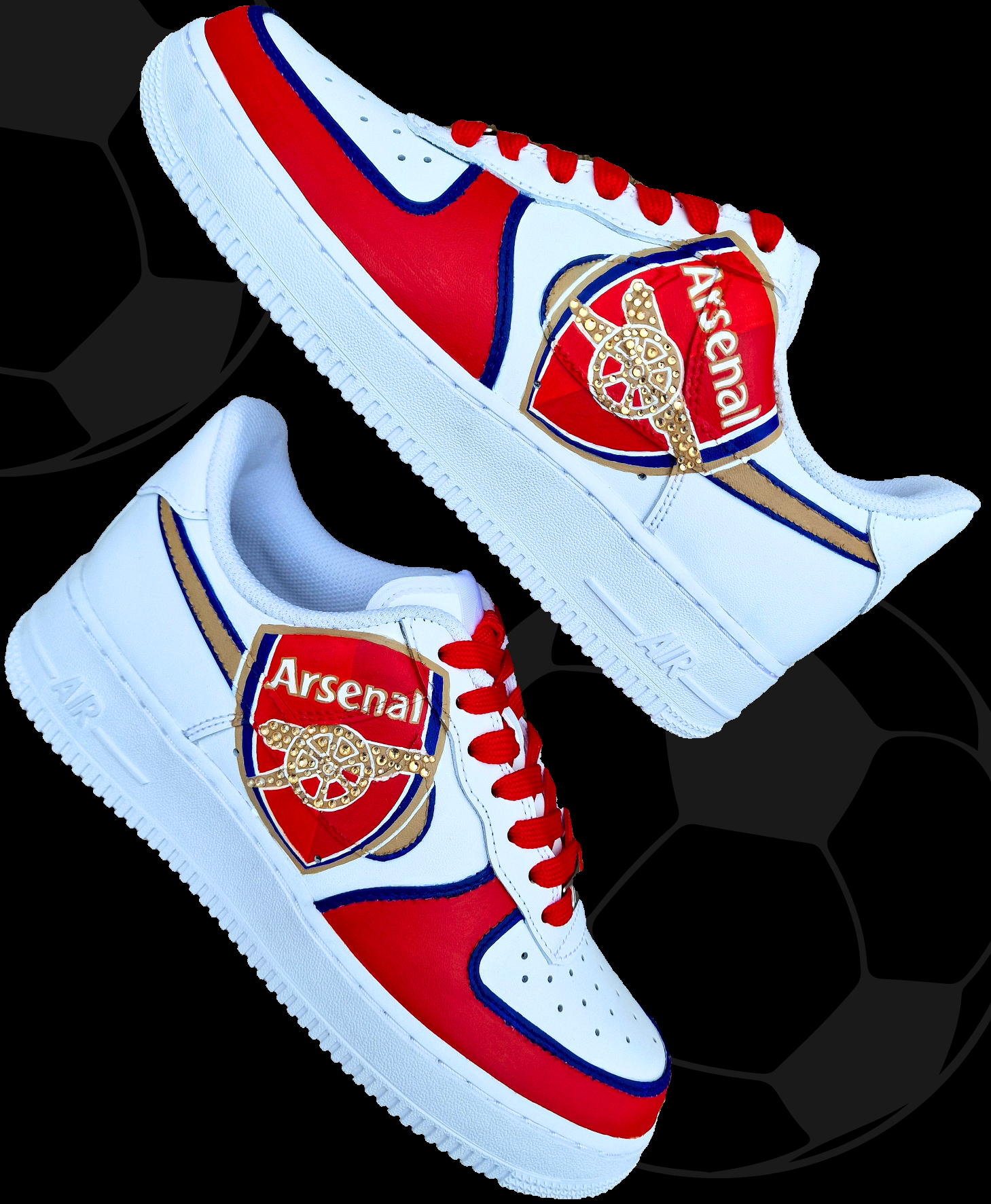 Arsenal-themed Nike Air Force 1 sneakers featuring crystal detailing