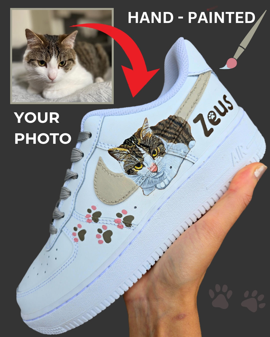 Hand painted Nike AF1 sneakers white with realistic pet portraits of cats and kittens painted. These can be customised with any pet art. Custom pet name also added with paws