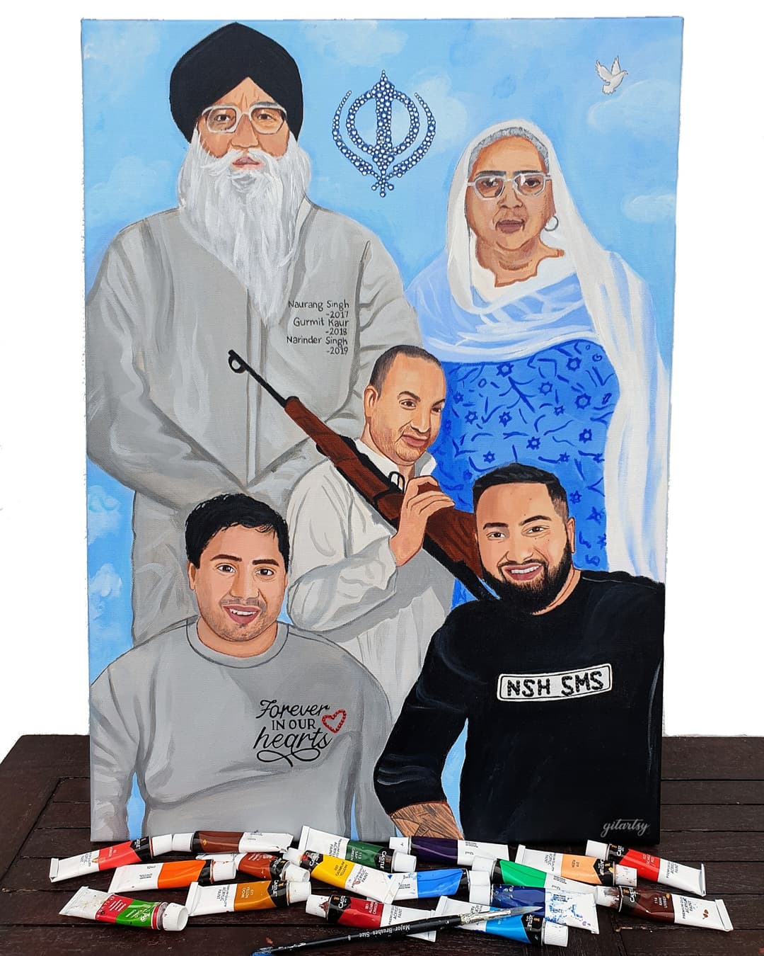 A realistic hand-painted acrylic canvas family portrait featuring up to five individuals in traditional and modern clothing, created by Gitartsy. The artwork includes lifelike expressions, personal details, and optional crystal embellishments for added dimension and sparkle. The painting is vibrant, respectful, and deeply sentimental—ideal for commemorating loved ones and preserving family legacies in art.