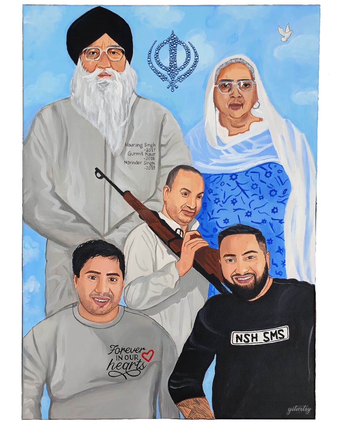 A realistic hand-painted acrylic canvas family portrait featuring up to five individuals in traditional and modern clothing, created by Gitartsy. The artwork includes lifelike expressions, personal details, and optional crystal embellishments for added dimension and sparkle. The painting is vibrant, respectful, and deeply sentimental—ideal for commemorating loved ones and preserving family legacies in art.