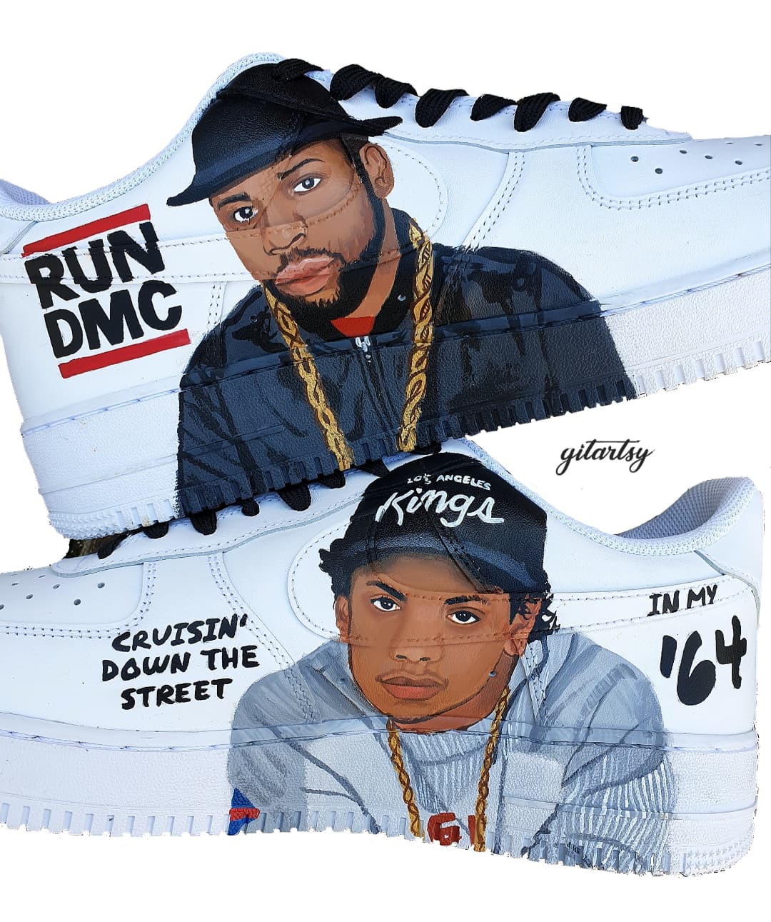 Custom Nike Air Force 1 sneakers hand-painted with detailed portraits of iconic hip-hop legends Eazy-E and Jam Master Jay. The sneakers feature crisp white leather with bold, vibrant artwork including signature accessories, gold chains, hats, and text graphics like “RUN DMC” and “Cruisin' Down The Street In My '64.” Each pair is unique and crafted with high-quality waterproof materials, perfect for hip-hop lovers and streetwear enthusiasts.