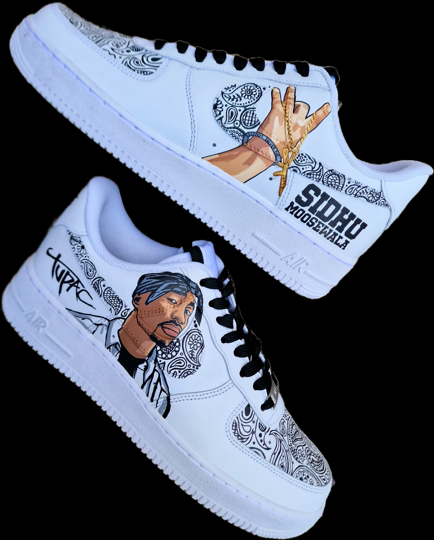 Custom hand-painted Nike Air Force 1 sneakers featuring Sidhu Moosewala’s kara and hand artwork, realistic portrait of Tupac, and intricate Indian paisley leaf patterns. A tribute to legendary singers, painted on white leather sneakers with waterproof durable finish.