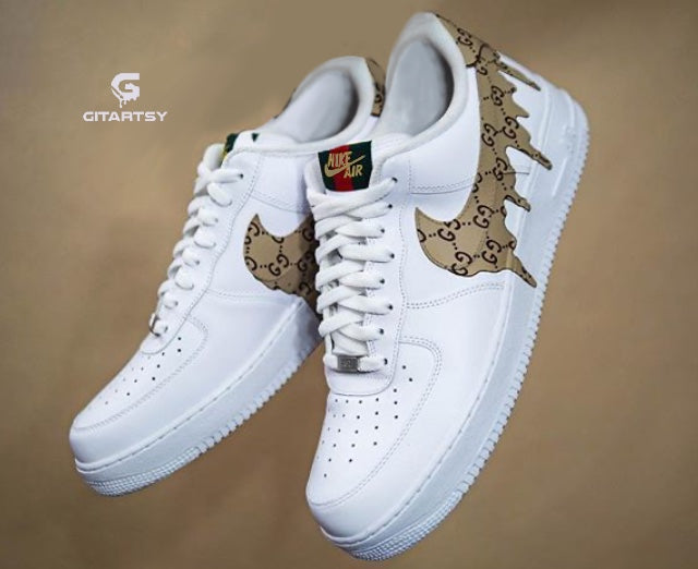 Custom Hand-Painted Nike AF1 Sneakers –  Branded Gucci Coffee-Brown Drip Design - white and brown sneakers