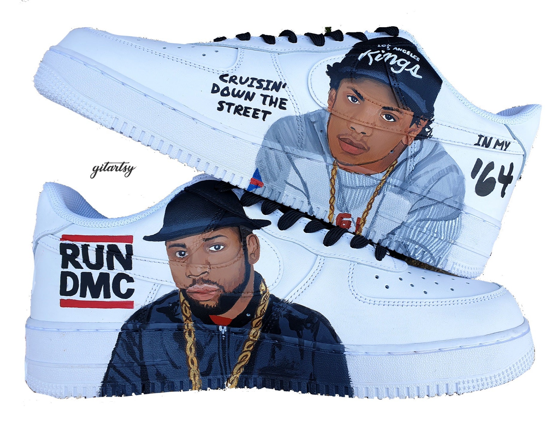 Custom Nike Air Force 1 sneakers hand-painted with detailed portraits of iconic hip-hop legends Eazy-E and Jam Master Jay. The sneakers feature crisp white leather with bold, vibrant artwork including signature accessories, gold chains, hats, and text graphics like “RUN DMC” and “Cruisin' Down The Street In My '64.” Each pair is unique and crafted with high-quality waterproof materials, perfect for hip-hop lovers and streetwear enthusiasts.