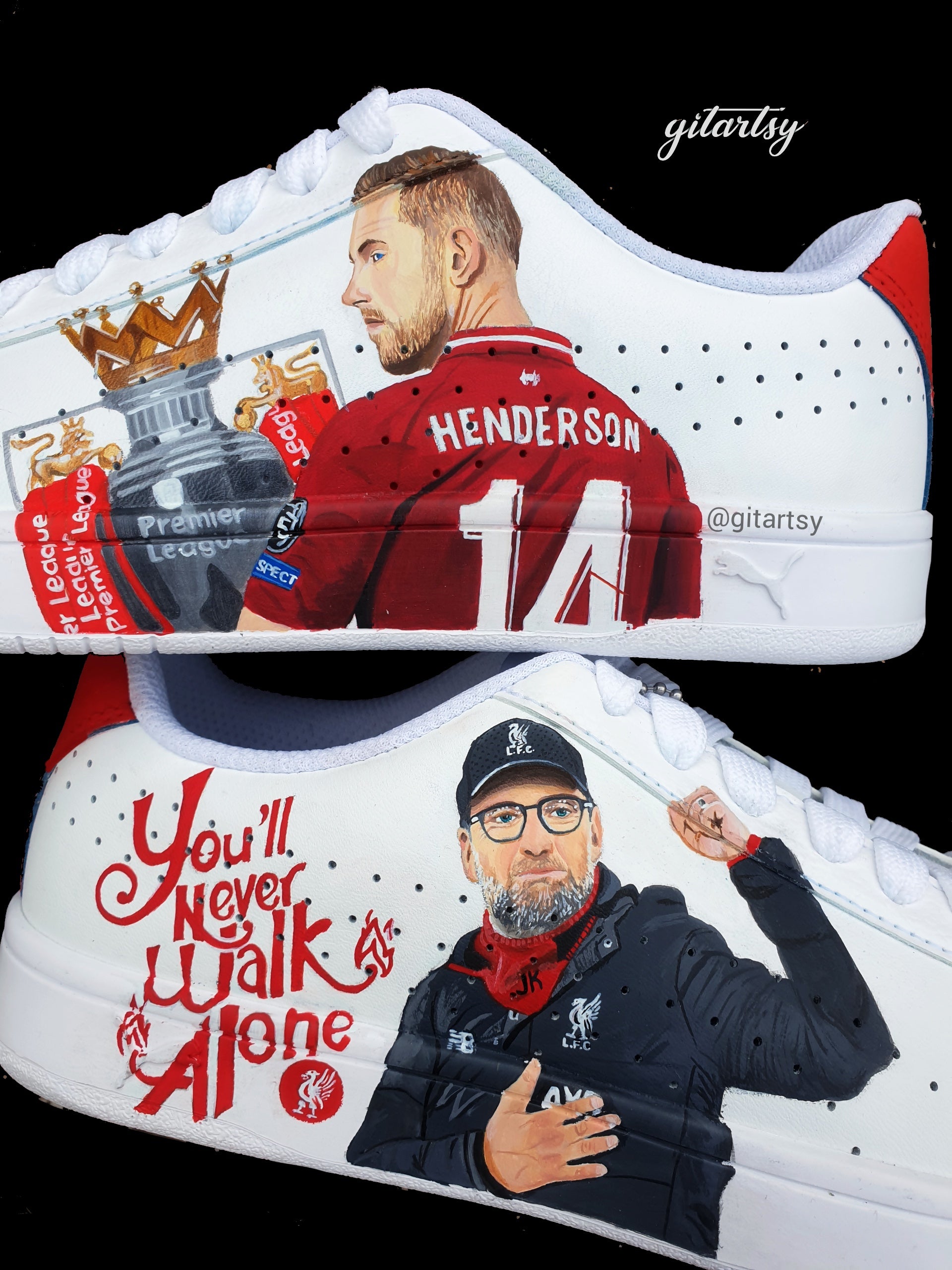 Custom Adidas sneakers showcasing Liverpool FC hand-painted portrait art of footballers jordan henderson and jurgen klopp