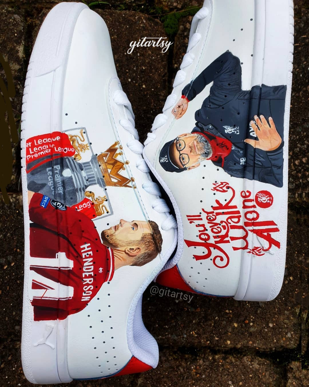 Custom Adidas sneakers showcasing Liverpool FC hand-painted portrait art of footballers jordan henderson and jurgen klopp