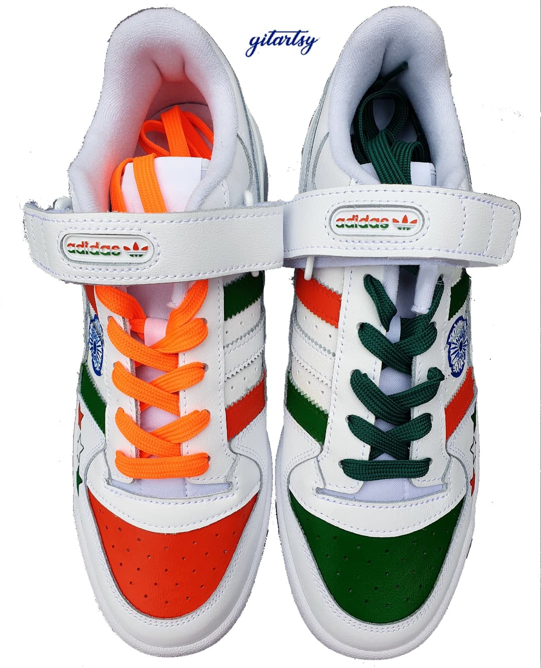 Hand-painted Adidas sneakers with Indian tricolour design and Ashoka Chakra, “Bleed Blue”, INDIA lettering, and BCCI logo & Patriotic India-themed fan sneakers with cricket art and star motifs & Gitartsy painted India shoes with saffron, green and white colour blocks front