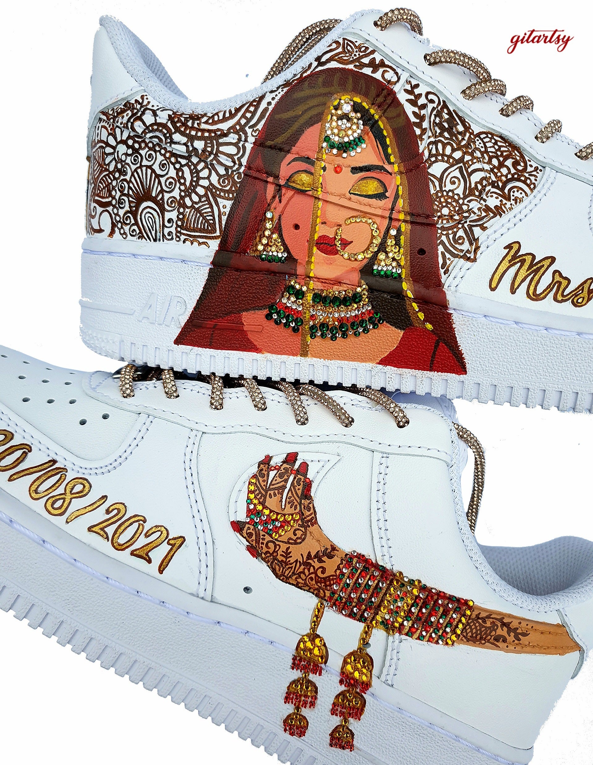 Indian bride portrait custom Nike AF1 sneakers with henna designs - hand painted for weddings and brides. The sneaker illustrate a beautiful indian bride in red lehenga, a henna background and a brides hand with choora made of crystals