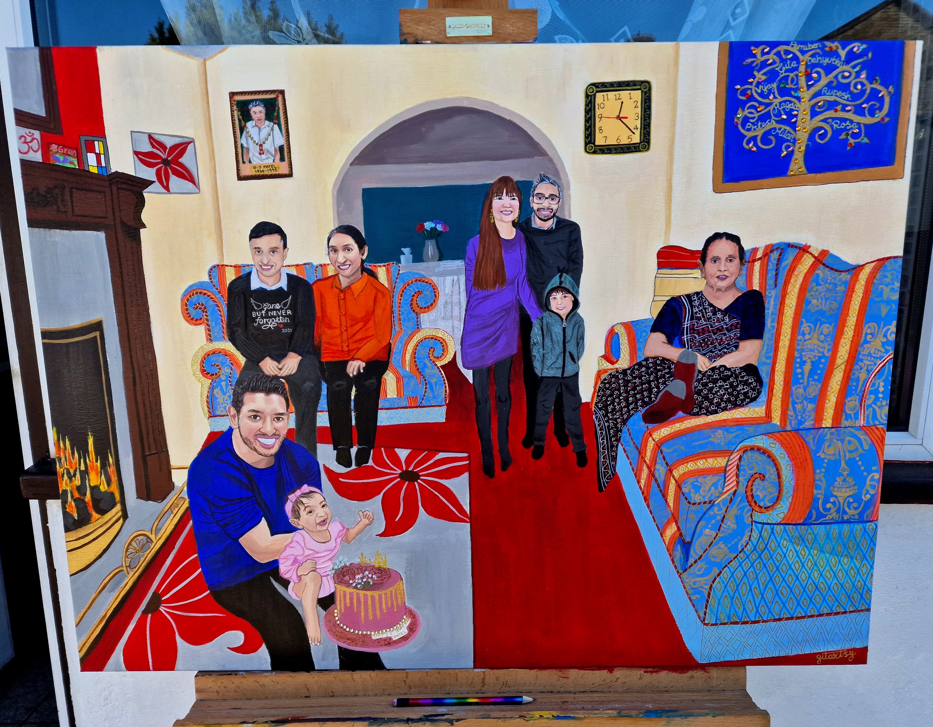 Hand‑painted large acrylic family portrait on canvas portraying an extended family gathered in a colourful living room: children seated on patterned sofas, parents and grandparents standing or relaxing, a toddler reaching toward a birthday cake, fireplace ablaze, vibrant rugs and ornate upholstery rendered in rich blues, reds, and golds, showcasing intricate textures and lifelike facial expressions on a gallery‑sized canvas.