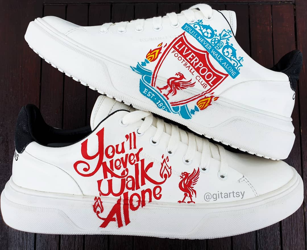 Hand-painted YNWA design on Liverpool FC custom Hugo Boss sneakers
