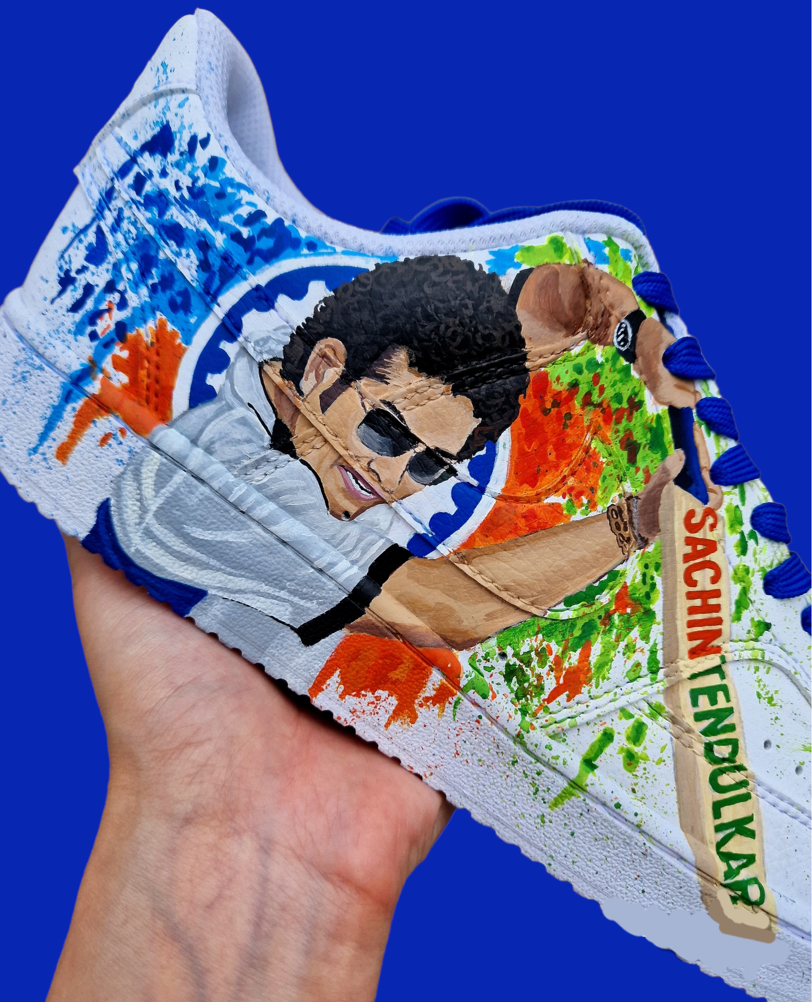 Custom painted Mumbai Indians sneakers with Sachin Tendulkar realistic portrait, Mumbai Indians logo and blue accents & Customisable IPL sneakers for any player – vibrant and fan-inspired