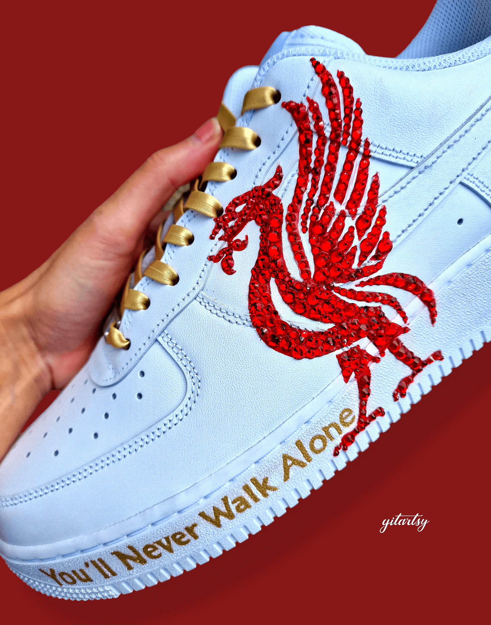 Custom Nike Air Force 1 sneakers showcasing Liverbird crystal art with initials