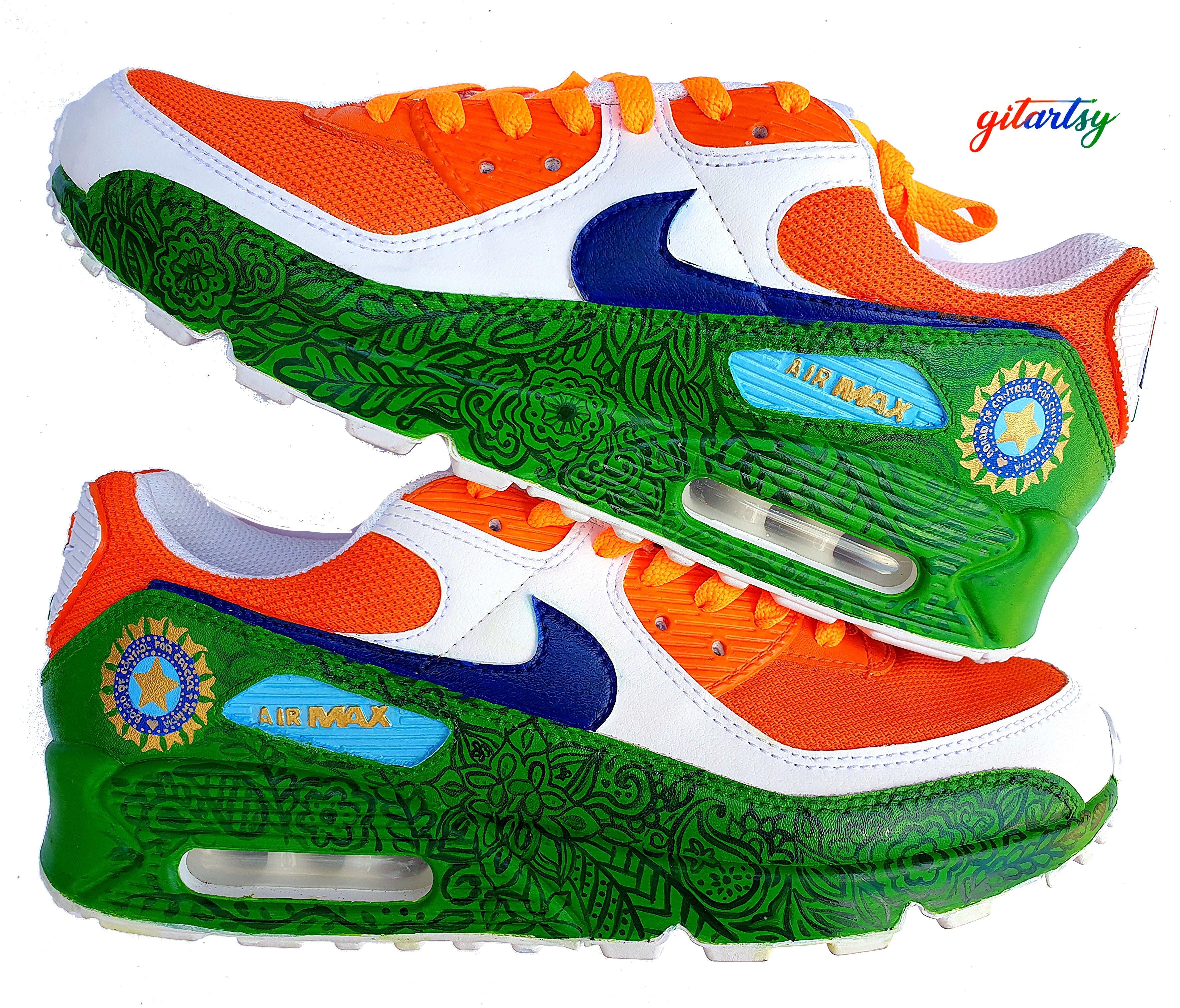 Hand-painted Air Max 90s sneakers featuring indian & tricolour and BCCI logo, henna pattern green panels and bold saffron details,& orange laces and custom national detailing