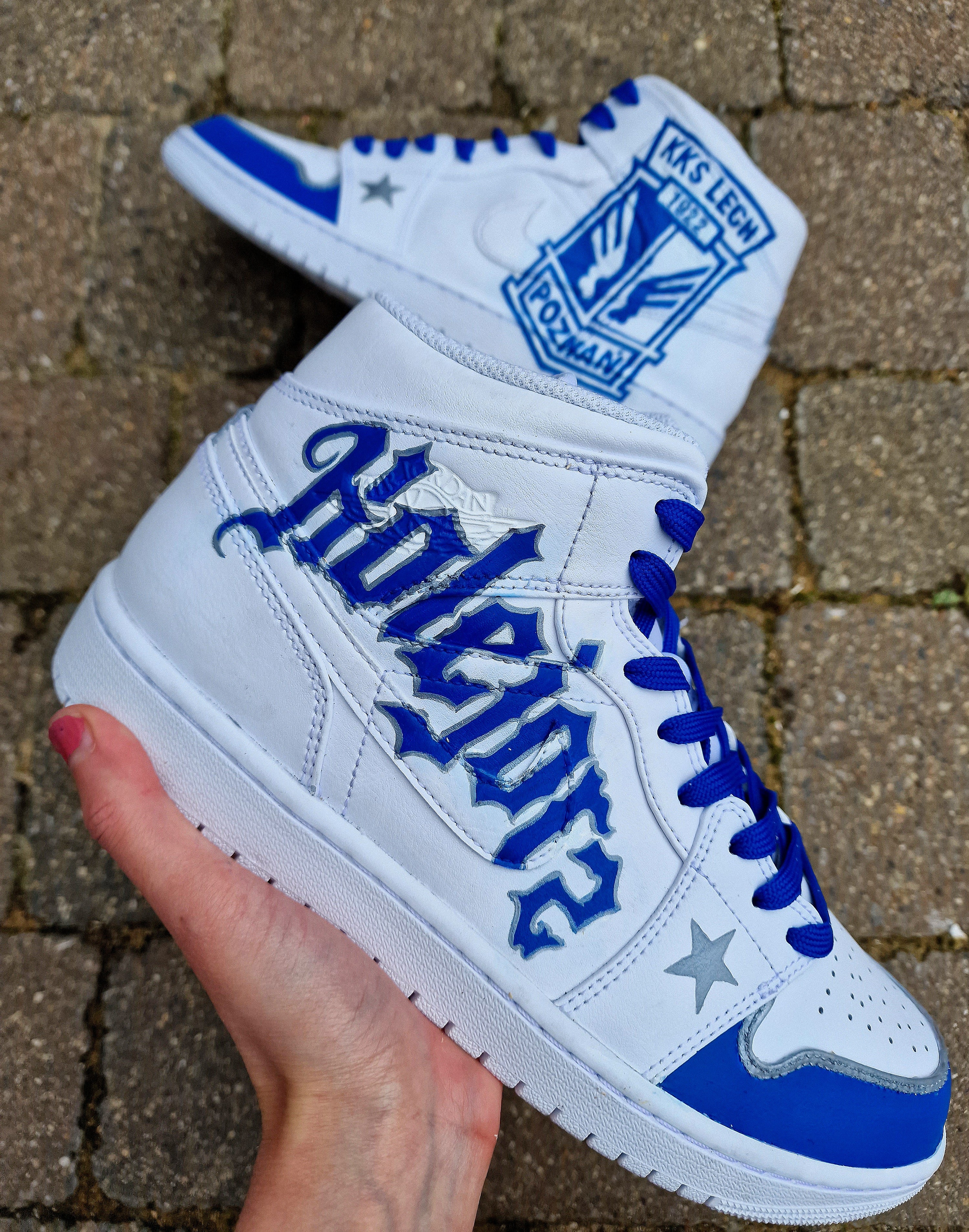 Custom Nike Jordan 1 sneakers with hand-painted Lech Poznan team design