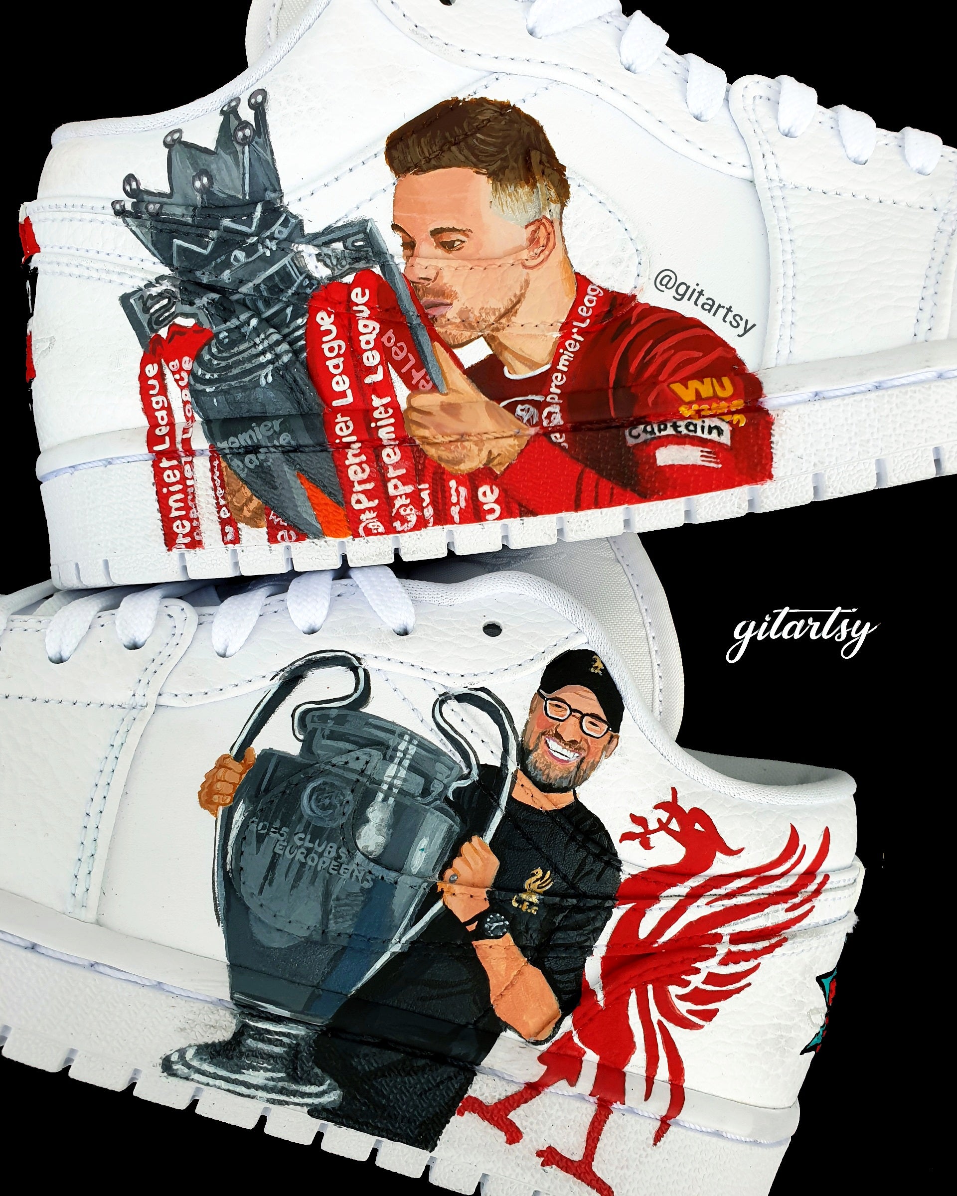 Nike Jordan sneakers with intricate hand-painted Henderson & Klopp Liverpool FC art