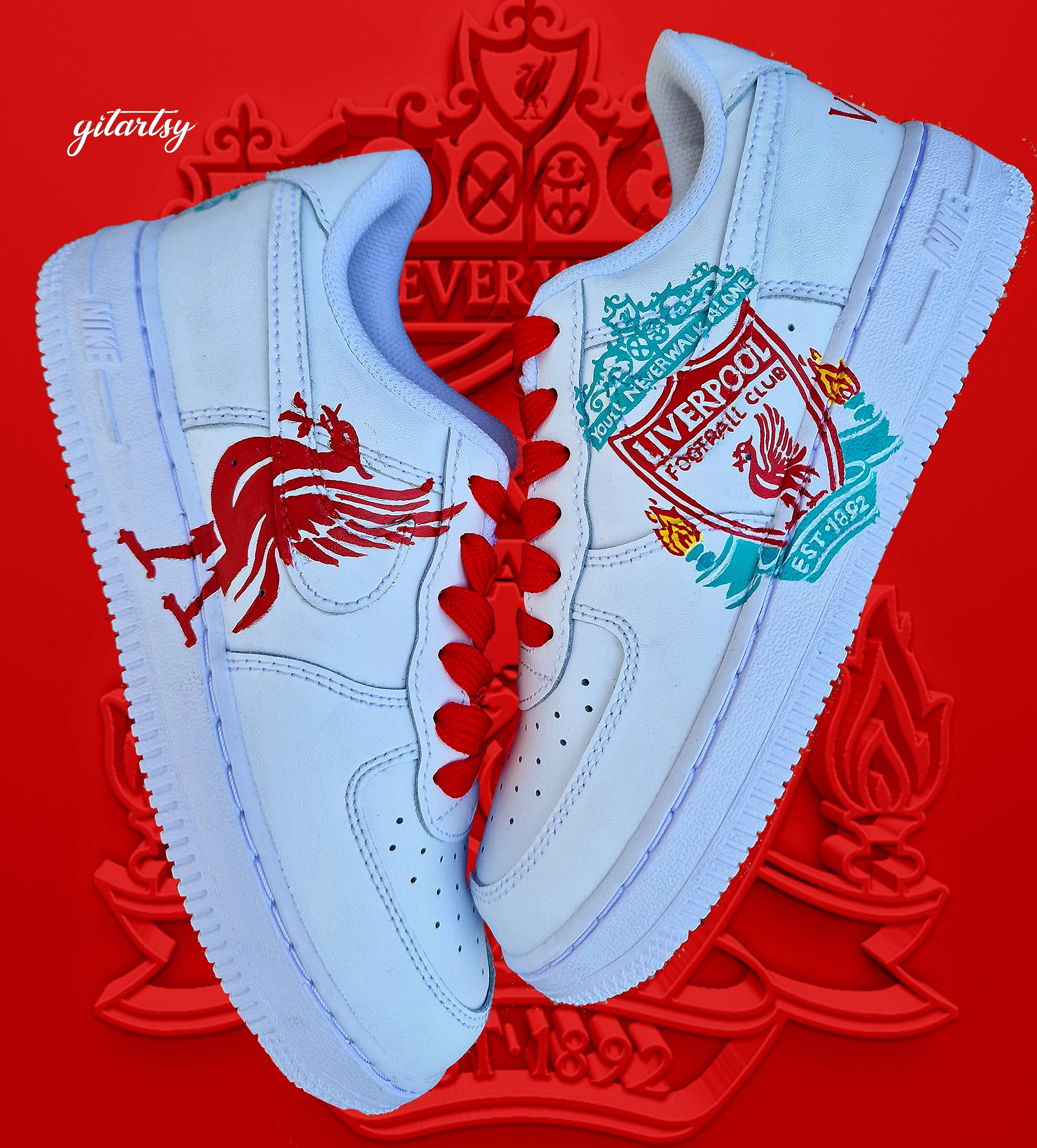 Custom Nike sneakers for kids showcasing Liverpool FC Liverbird art
