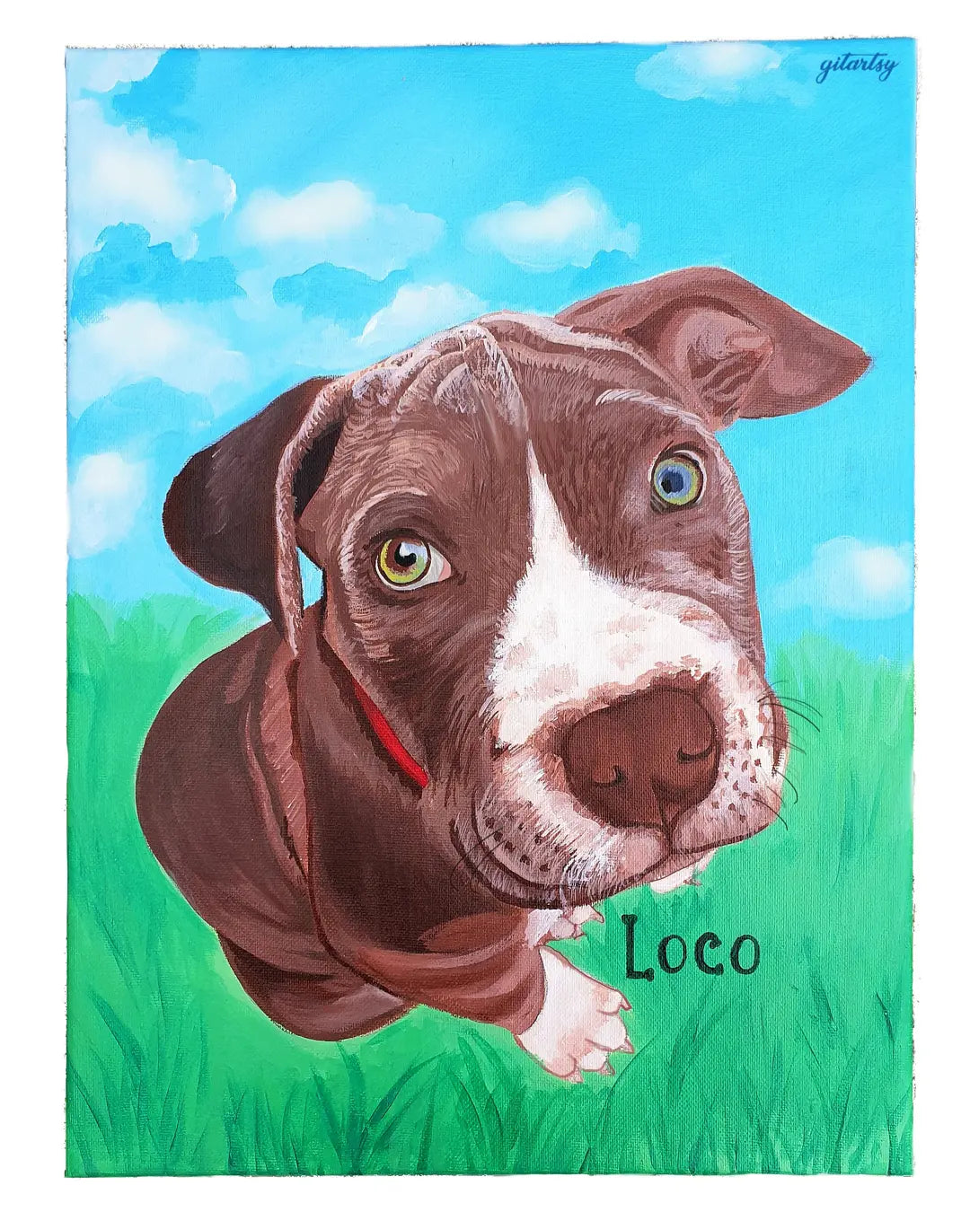 A vibrant hand-painted pet portrait on canvas featuring a detailed, lifelike depiction of a dog with a blue sky and grassy background. The custom artwork showcases a realistic expression and includes the dog’s name, perfect as a sentimental gift or personalized home décor.