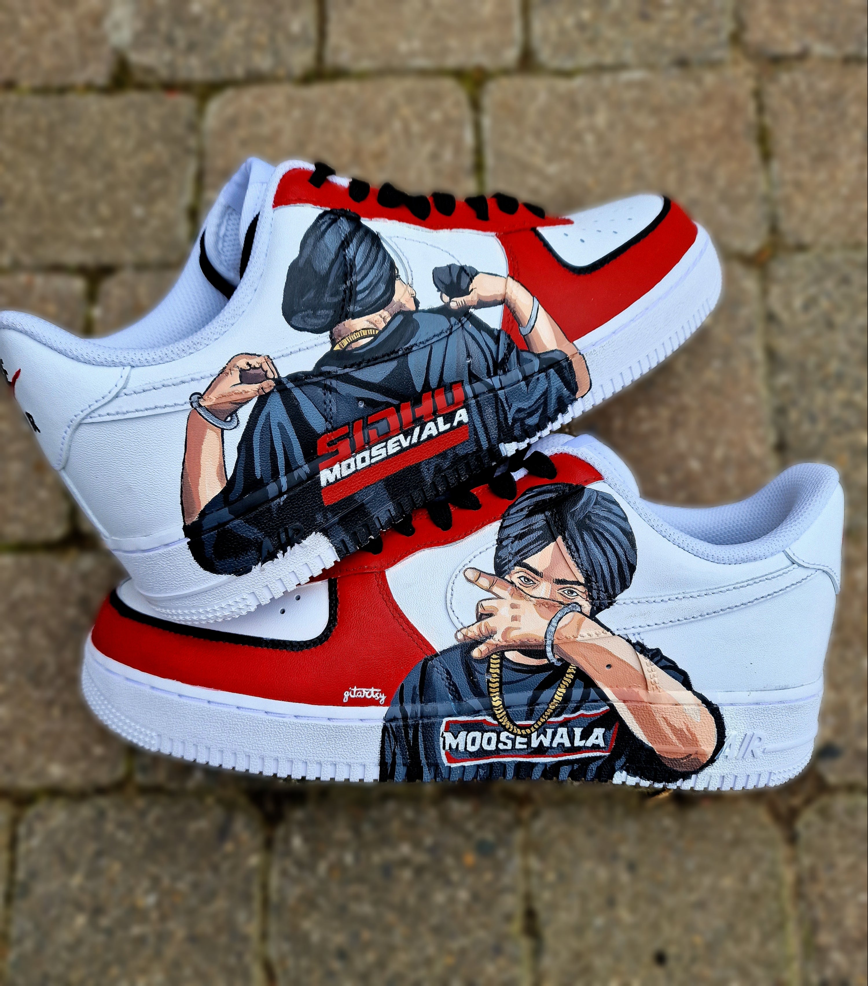 Hand-painted Sidhu Moosewala portrait sneakers – Nike AF1 tribute in black and red. Tribute sneaker art – realistic Sidhu Moosewala on leather sneakers