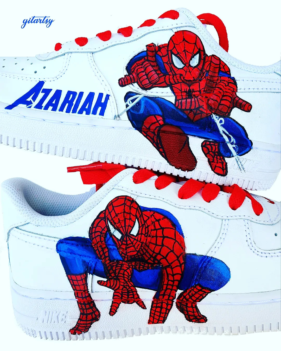 "Custom hand-painted Spider-Man Nike Air Force 1 sneakers featuring red and blue Spider-Man artwork, detailed spiderweb illustrations, customized name lettering, red laces, and color-themed Nike swooshes. Personalized superhero sneakers by Gitartsy."