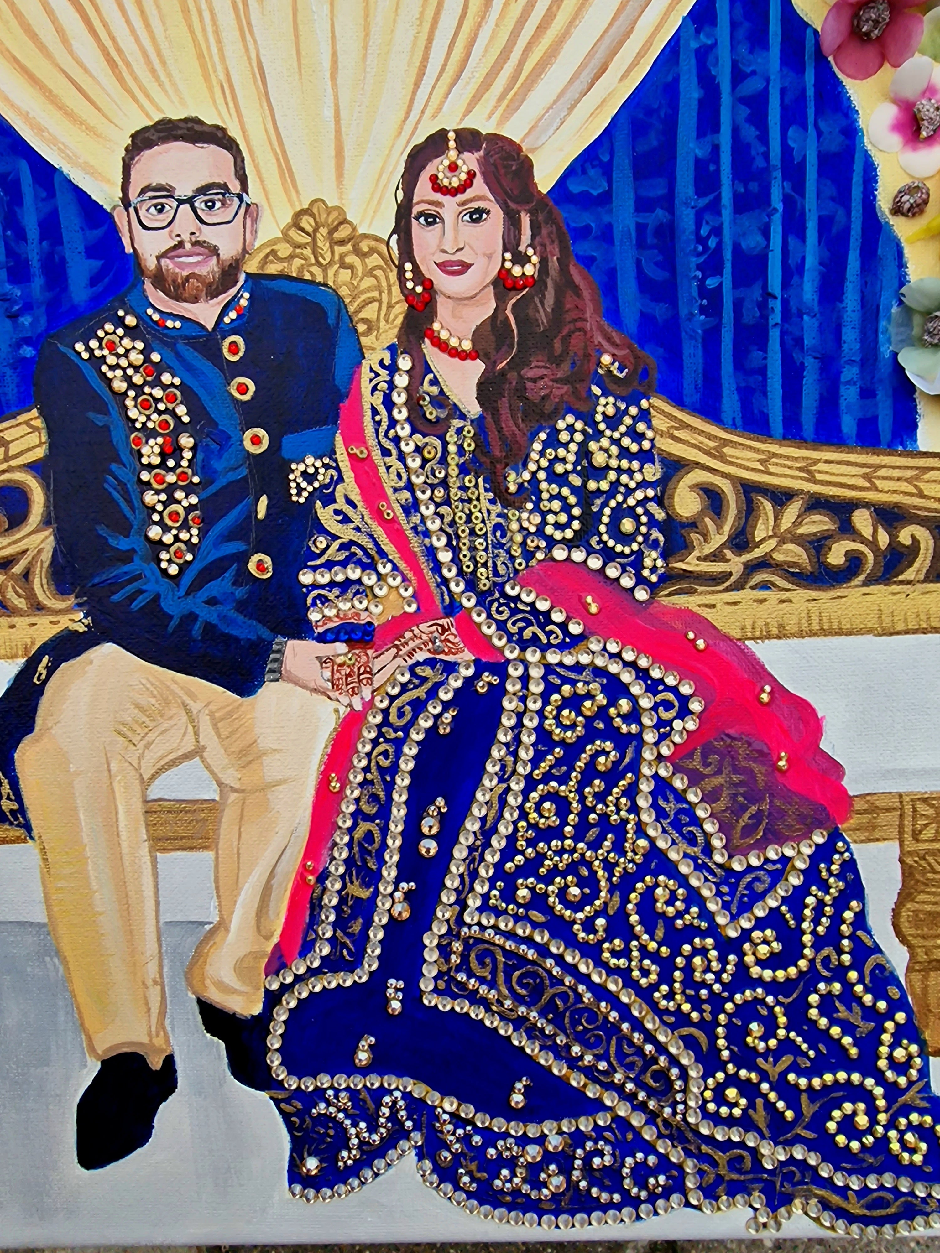 A luxurious hand-painted wedding portrait canvas of a bride and groom in traditional attire, embellished with 3D floral garlands, shimmering gold rhinestones, and detailed fabric textures. A vibrant and elegant custom artwork perfect for wedding gifts or keepsakes.