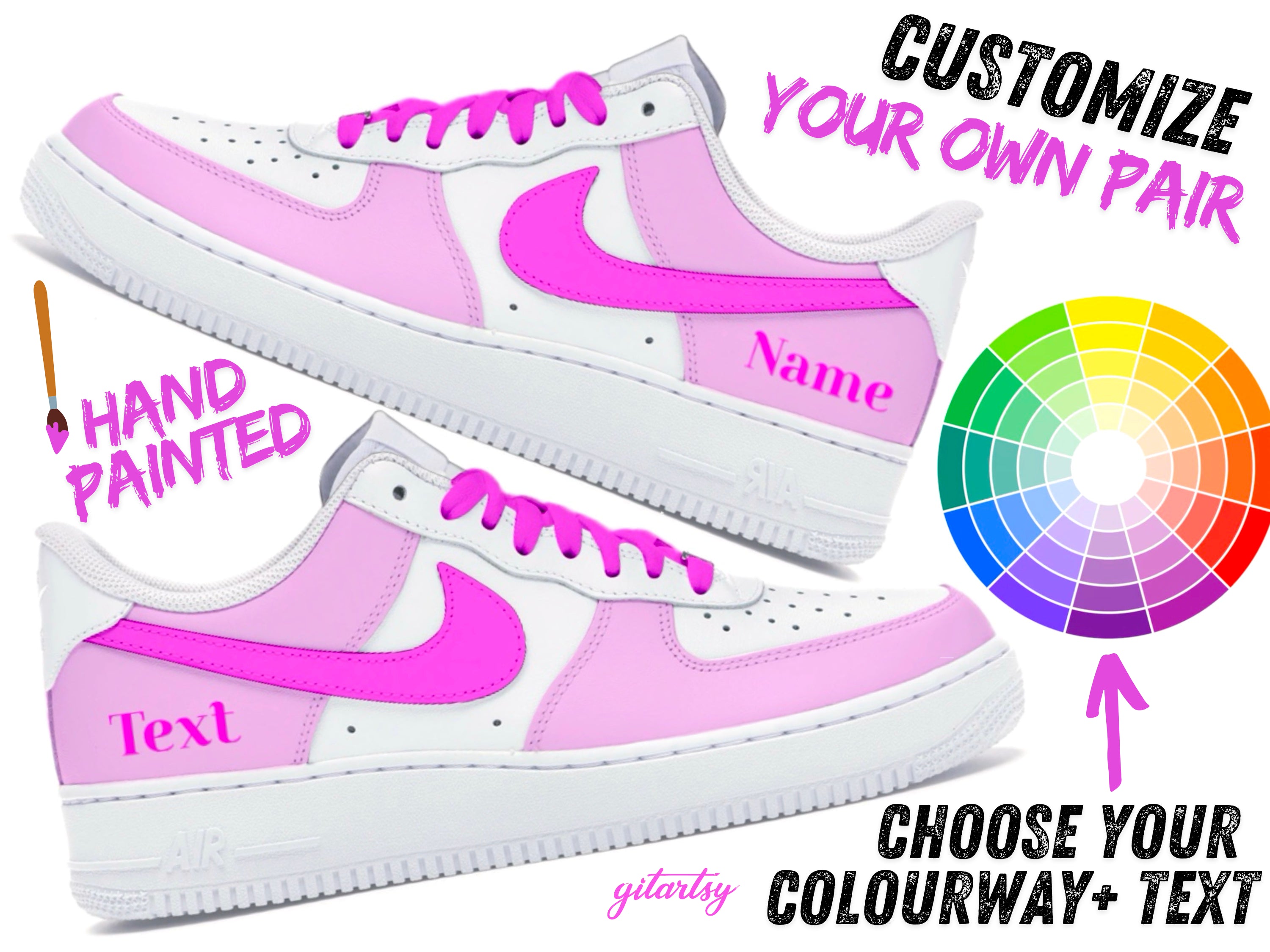 Nike AF1 custom hand painted sneakers options to customize your own pair with your choice of colourway. All colours available