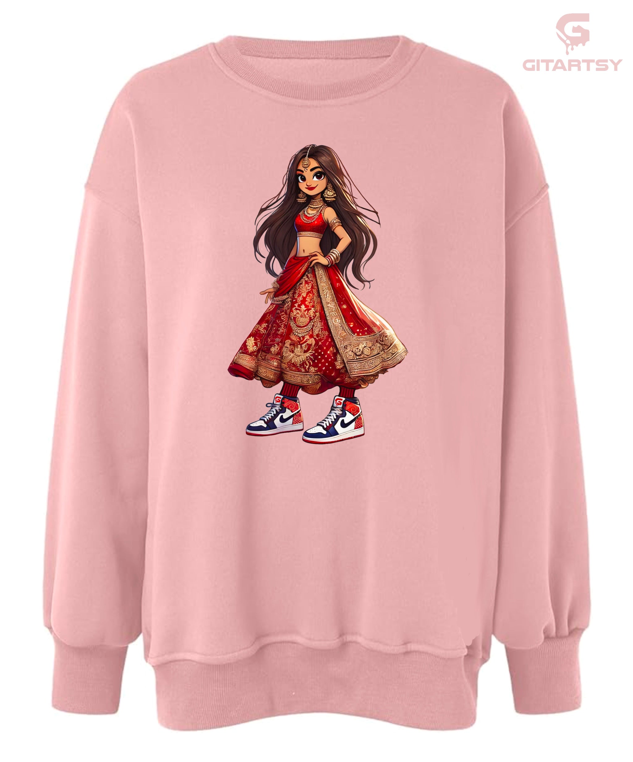 Desi Bride Girl Dulhan Sneakerhead Printed Sweatshirt – Indian Fashion in red lehenga & Sneakers - cartoon style girl figure