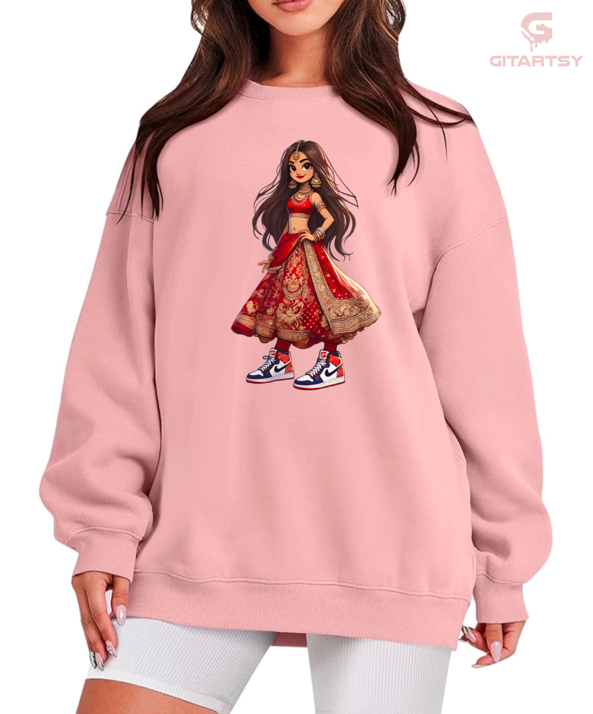 Desi Bride Girl Dulhan Sneakerhead Printed Sweatshirt – Indian Fashion in red lehenga & Sneakers - cartoon style girl figure